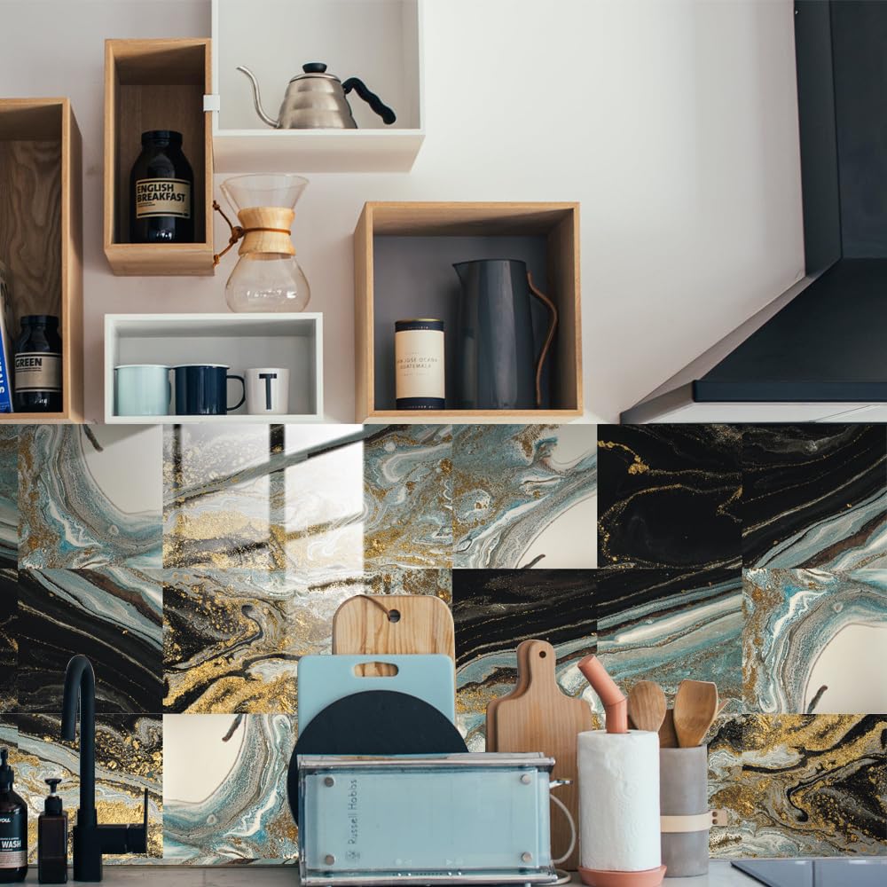 LMYSXAOZ Tile Stickers Black Gold Marble Stick On Tiles,Self Adhesive Wall Tiles for Kitchen Bathroom,Vinyl Peel and Tiles,Stick Waterproof Oilproof10 PC(10x10cm)
