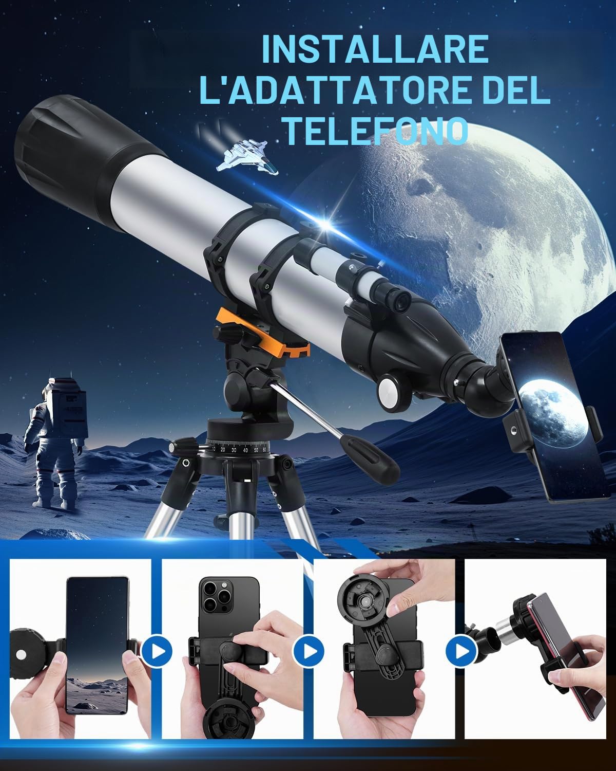 Telescopio Astronomico per Adulti e Principianti - Apertura 90mm, 900mm Refrattori Telescopi Professionale, Telescope Portatile per Bambini con Treppiede, Adattatore Telefono, Filtro lunare