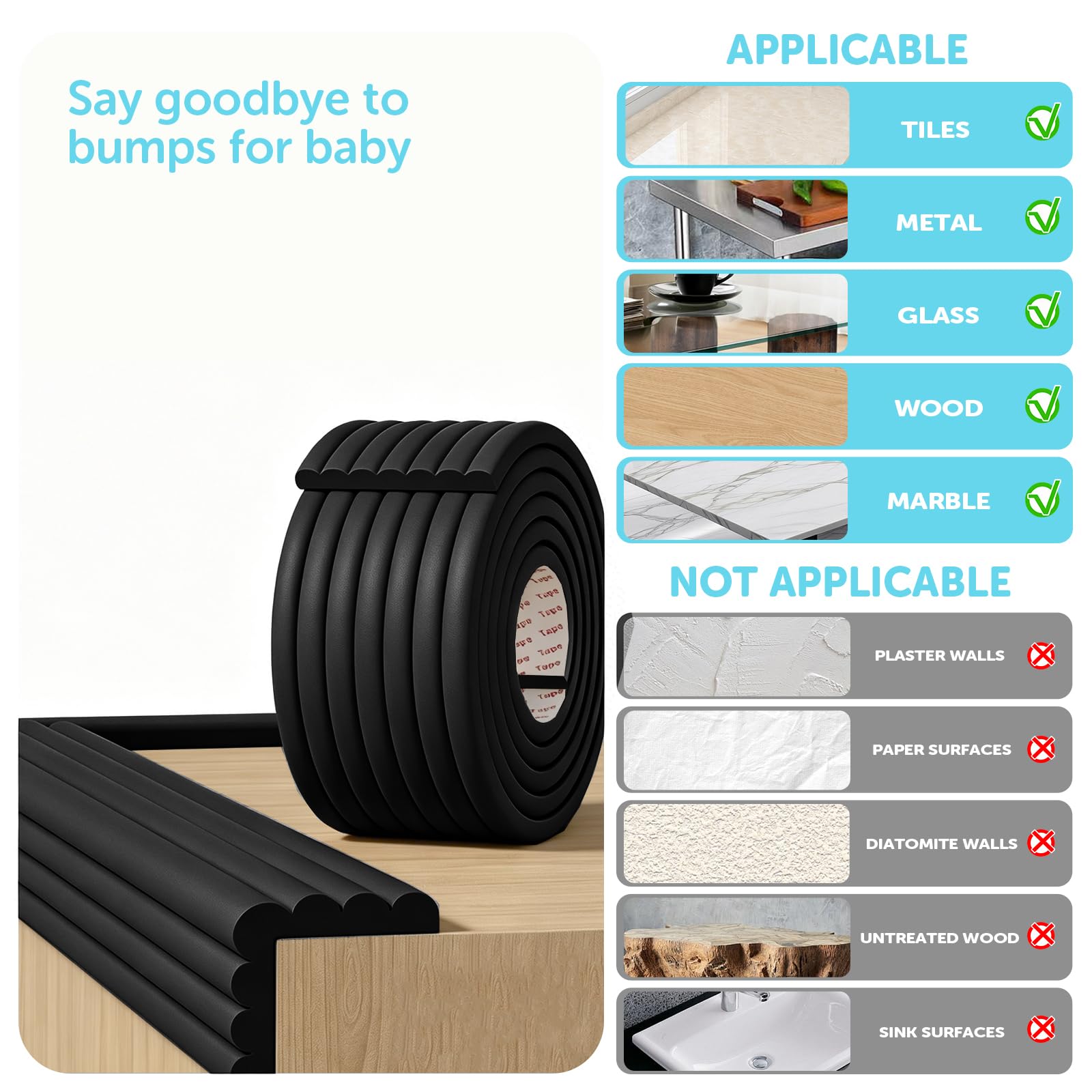 shinfly Multiusos Protector Espuma, 5mx8cmx8mm Autoadhesivo Protector Pared Cama niños, Espuma Ancha Suave Gruesa Rollo para Superficie Dura & Bordes, Protección de Bordes para Ancianos, Negro