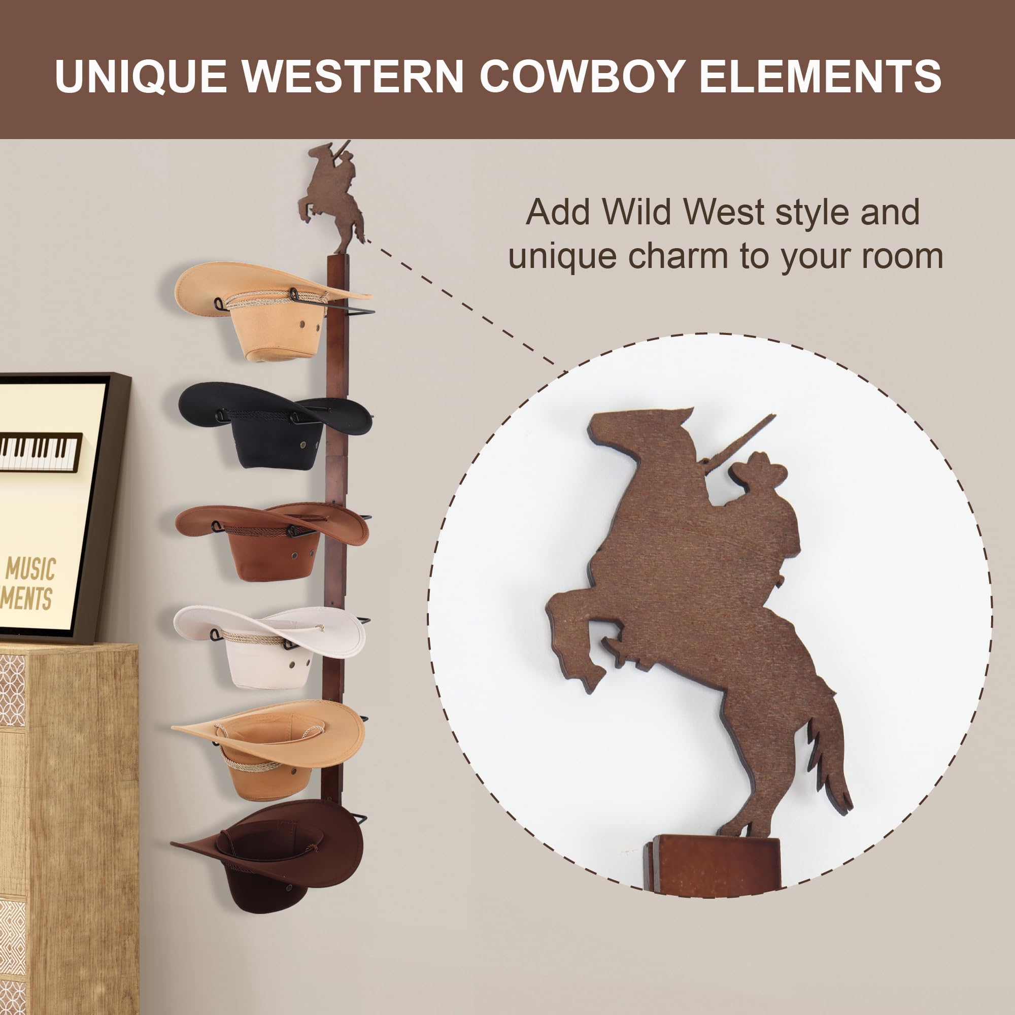 Soporte para sombreros de vaquero para pared: organizador de sombreros de madera rústica con 6 ganchos para sombreros para montaje en pared, soporte para sombreros de vaquero, soporte para