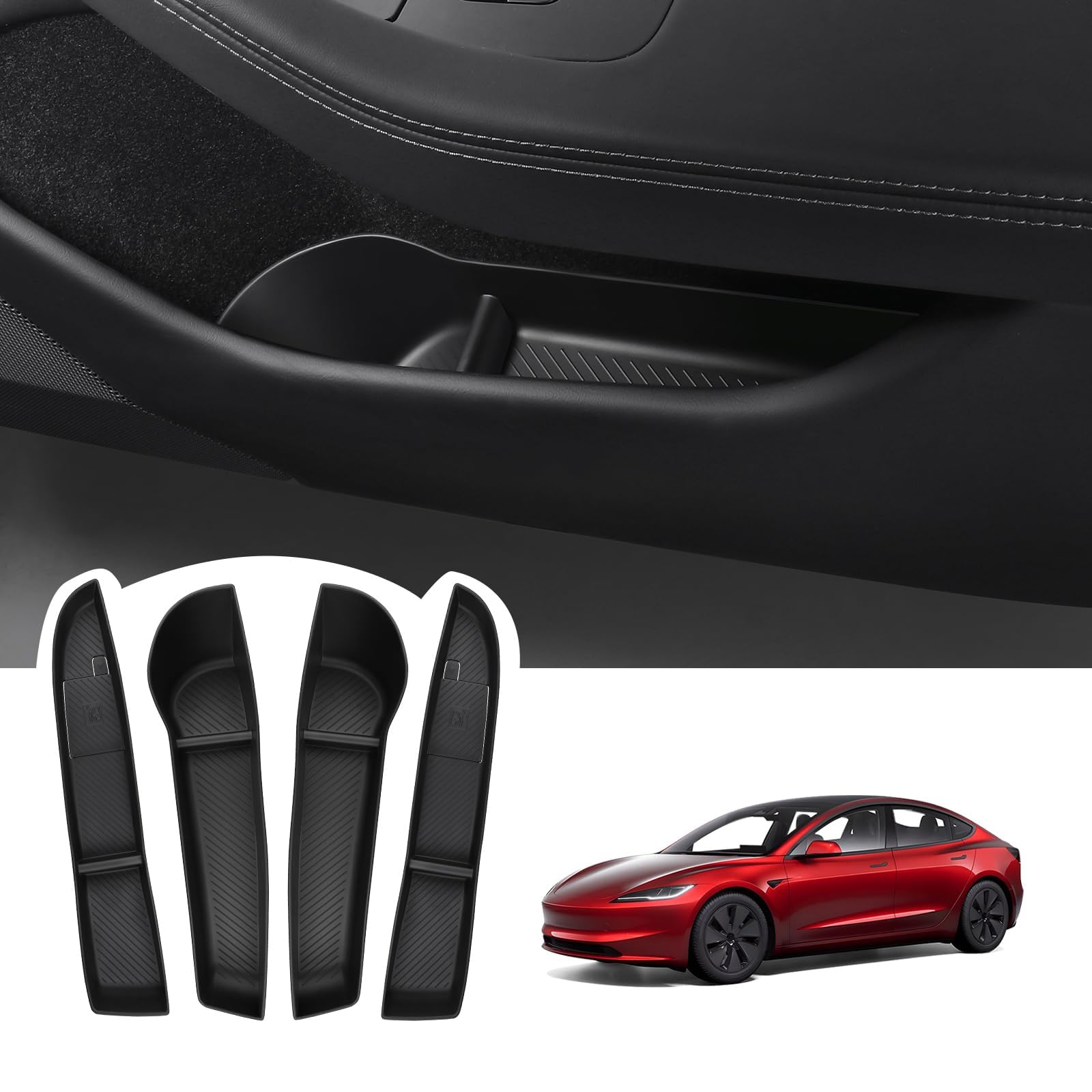 2026 2025 2024 Tesla Model 3 Door Side Storage Box, Door Pocket Liners, TPE Front & Rear Side Organizer Tray Protector Liner for Model 3 Highland (Standard/Premium/Performance) Set of 4