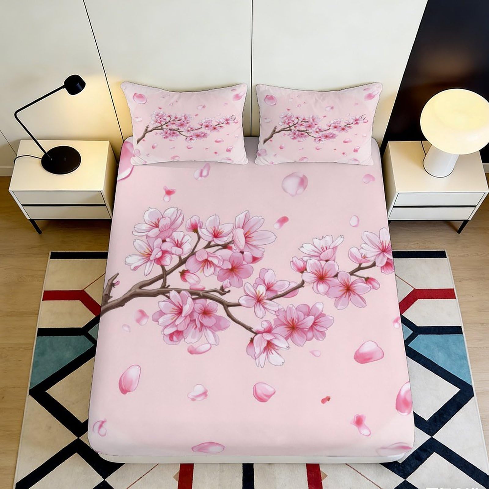 3D Printed Cherry Blossom Fitted Sheet Microfiber Soft Breathable Floral Bed Cover with Mattress Protection for Bedroom Dormitory Guest Room 160x200x25cm