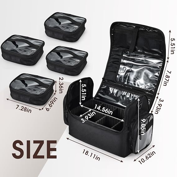 Makeup Train Case 18.1 Inch Large Travel Makeup Organizer Case Portable Makeup Arists Bag with Shoulder Strap Makeup Brush Slots 4 Clear Pouch for Cosmetologist Aesthetic Supplies Nail Tech Makeup Bag