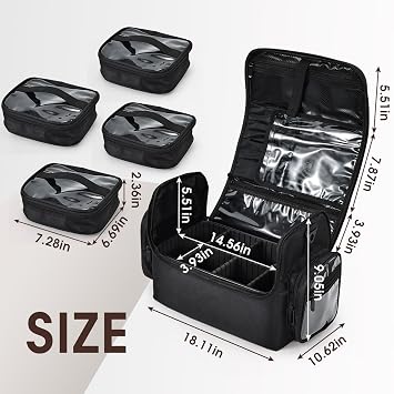 Makeup Train Case 18.1 Inch Large Travel Makeup Organizer Case Portable Makeup Arists Bag with Shoulder Strap Makeup Brush Slots 4 Clear Pouch for Cosmetologist Aesthetic Supplies Nail Tech Makeup Bag