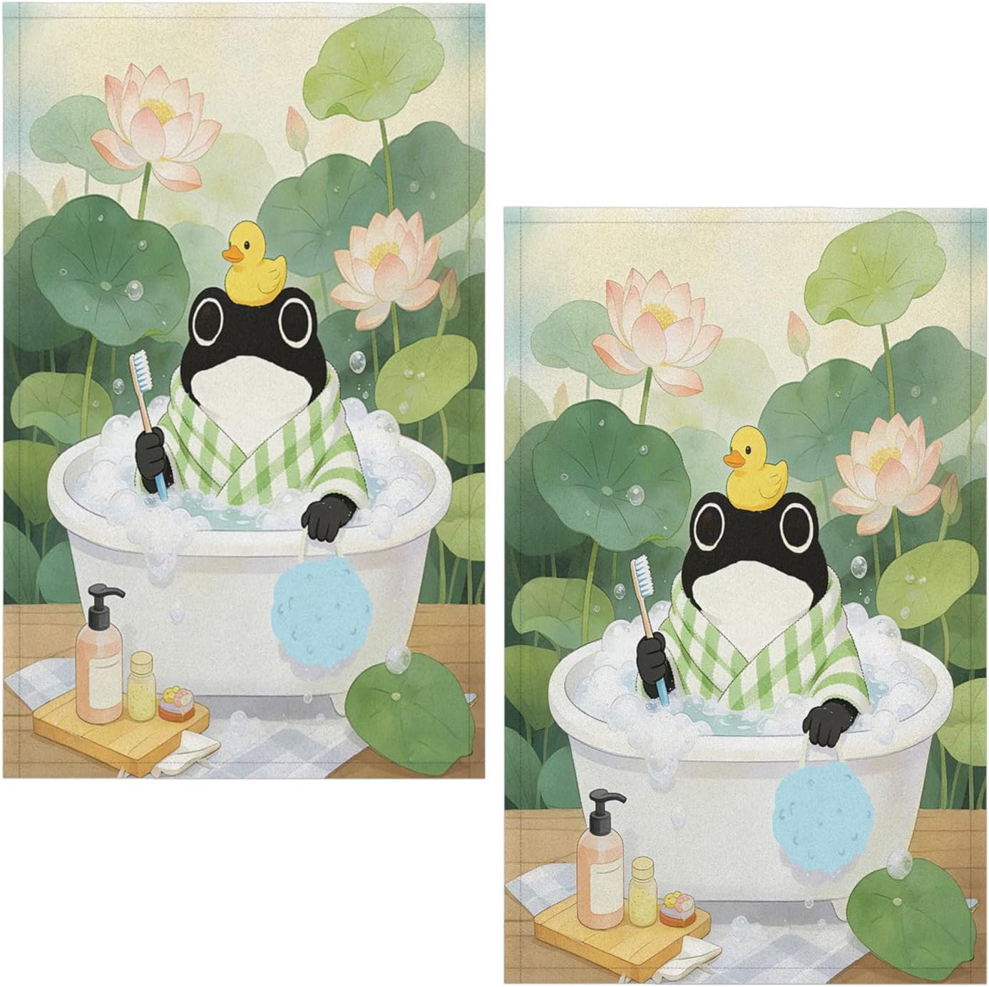 KOBLEN Lotus Leaf Lotus Flower Frog Kitchen Towel Set of 2 18x28 Inch Absorbent Hand Towels Decorative Soft Dish Towel for Kitchen Bathroom Home Farmhouse Dish Drying Cloth