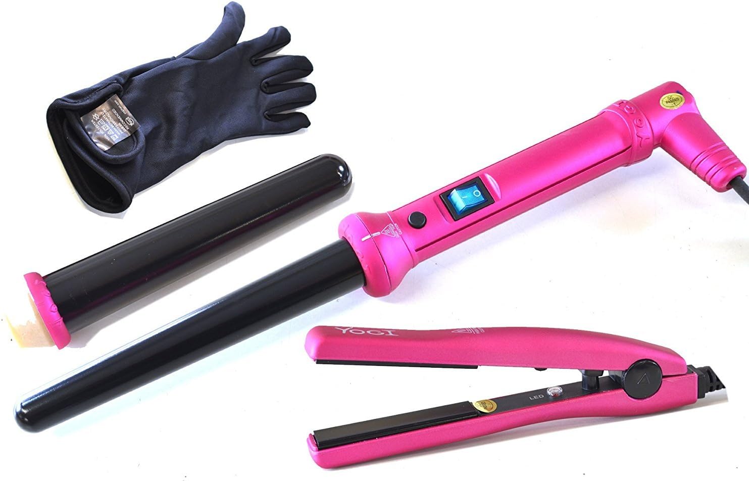 Soft Touch Yogi Twin Barrel Hair Wand and Mini Travel Hair Straightener Iron Set Metallic Pink
