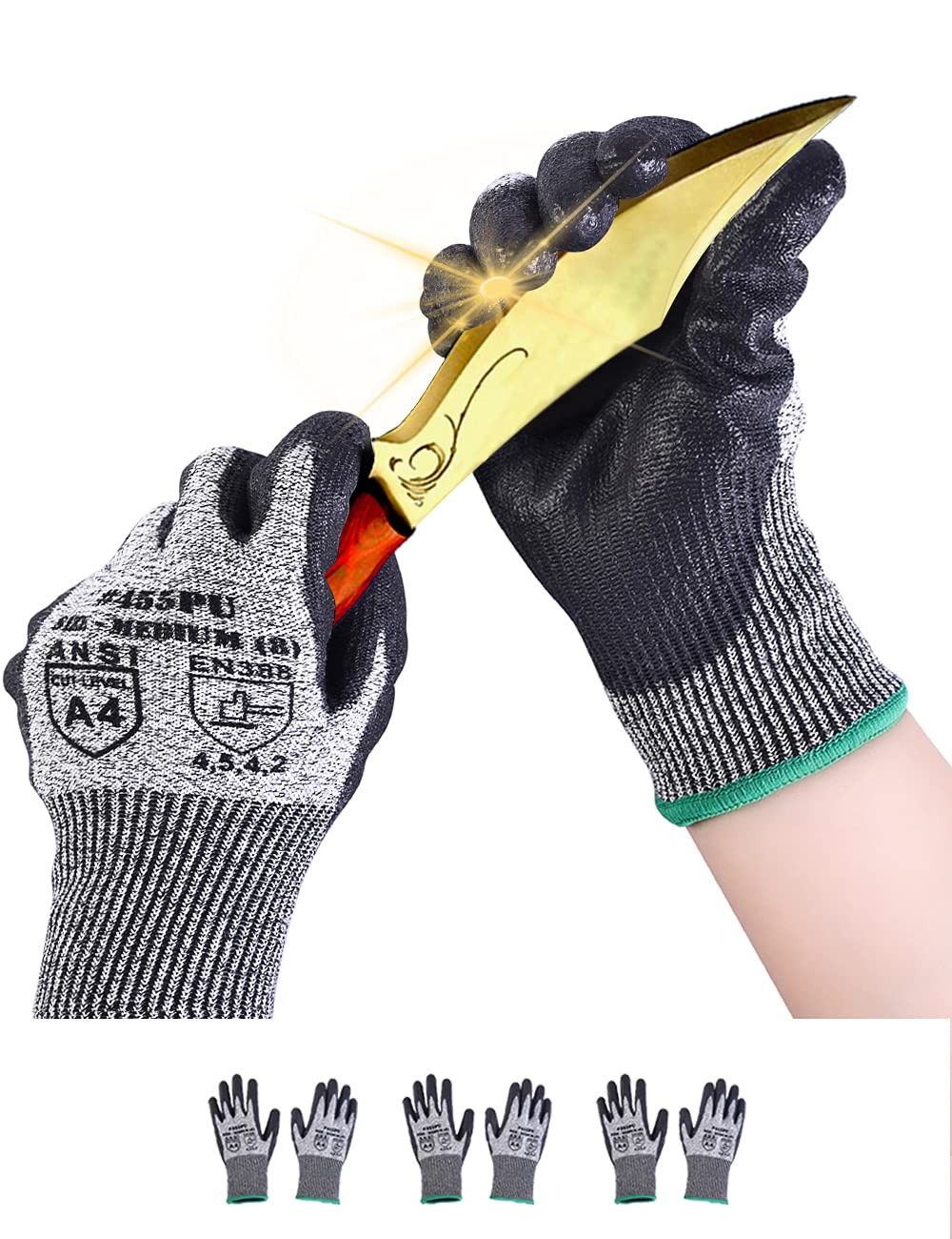 Donfri Cut Resistant Gloves High Performance Level 5 Protection Safety Work Gloves for Men Comfortable PU Coated Palm (3pairs, M)