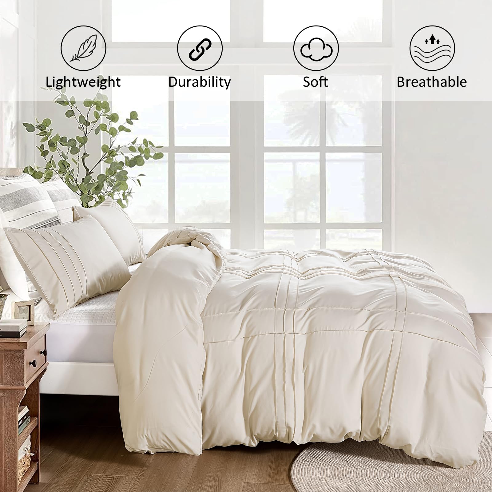 Guchuang Bedding Boho Pintuck Pinch Pleated Beige King Size Duvet Cover Set 3 Piece Tufted Duvet Cover for All Season Soft Breathable Microfiber Bed Cover 220x230cm - Image 4