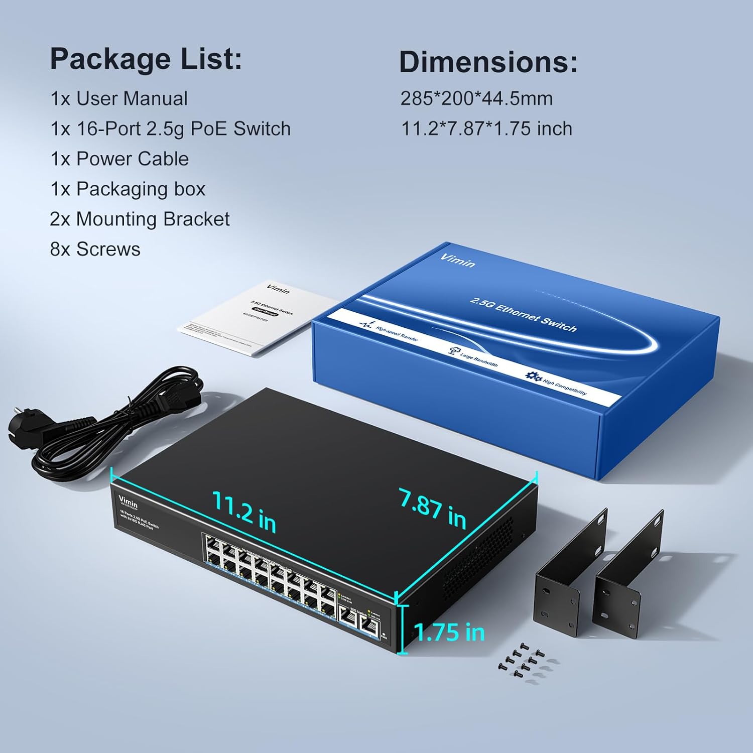18 Port 10G/2.5G Ethernet Switch with Dual 10GBASE-T, Vimin 16 X 2.5G +2 x 10Gb RJ45 Ports Unmanaged Switch, 80Gbps Capacity, 10G Switch Desktop/Wall Mount Network Switch for NAS, PC, Wireless AP