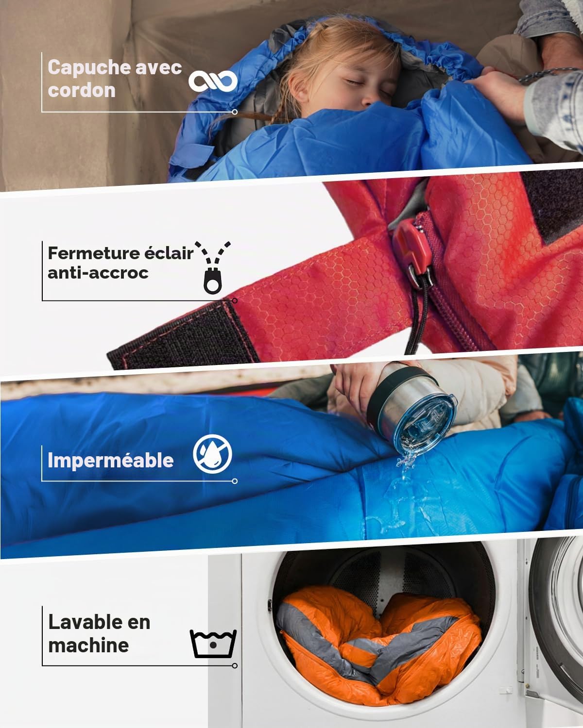 MalloMe Sacs de couchage pour adultes par temps froid et chaud – Sac de couchage pour enfants, filles, garçons – Accessoires essentiels de camping légers pour la randonnée, le sommeil, simple et