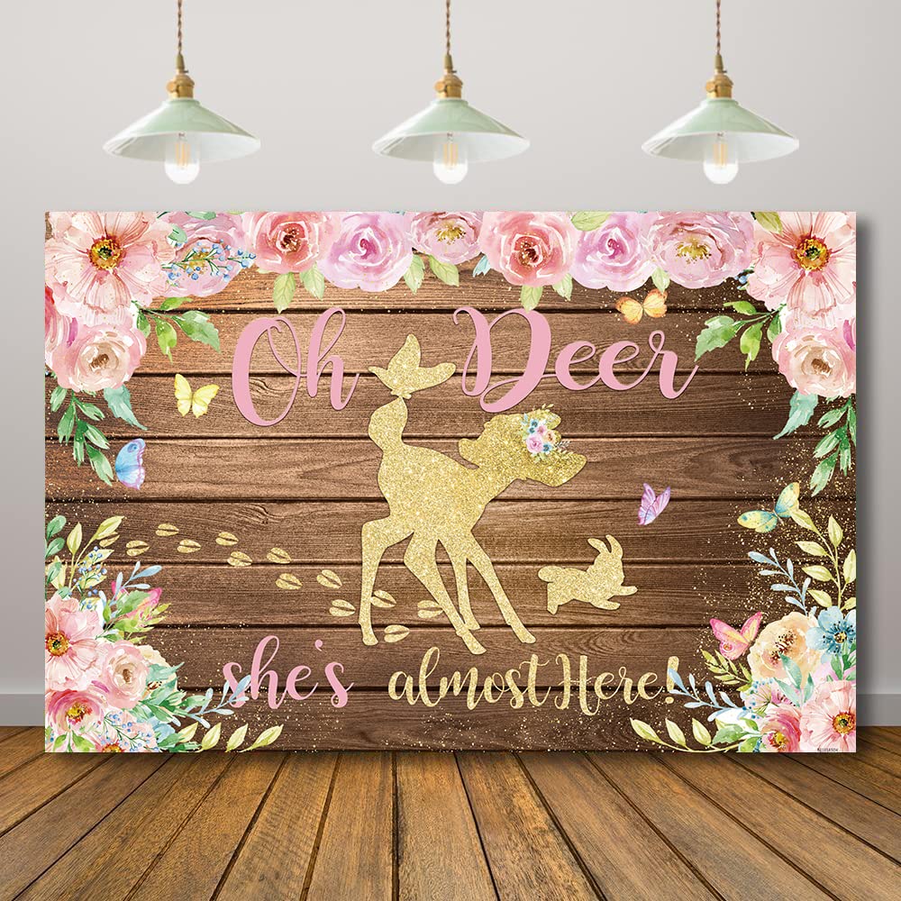 Rcoaror Oh Deer Girl Baby Shower Backdrop Pink Flowers Wood She’s Almost Here Background Girls Woodland Little Doe Butterfly Banner Farm Barnyard Fawn