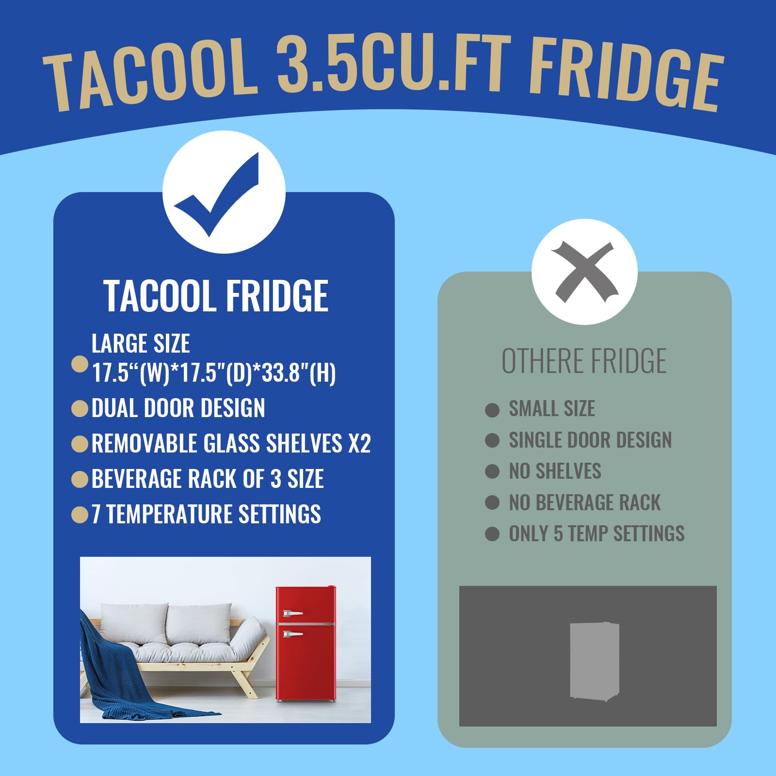 Tacool 3.5 Cu.Ft Refrigerator With Freezer Double Door Red Fridge Adjustable Glass Shelves, Plastic Crisper,7 Level Temperature Control Fridge For Dorm, Office, Apartment on Fridge.com - View 5