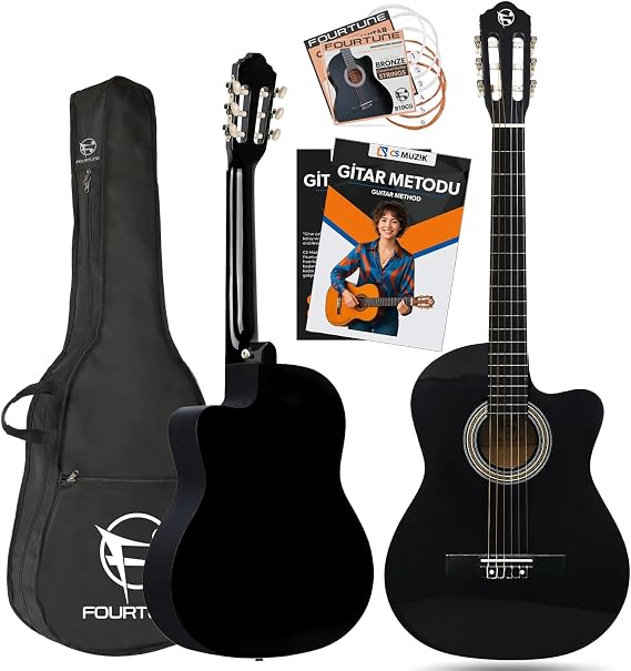 Fourtune Luca CW-200BK Kesik Kasa Siyah Klasik Gitar Seti 4/4 Sap Ayarlı (Cutaway)