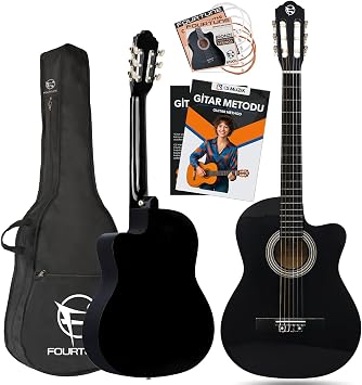Fourtune Luca CW-200BK Kesik Kasa Siyah Klasik Gitar Seti 4/4 Sap Ayarlı (Cutaway)