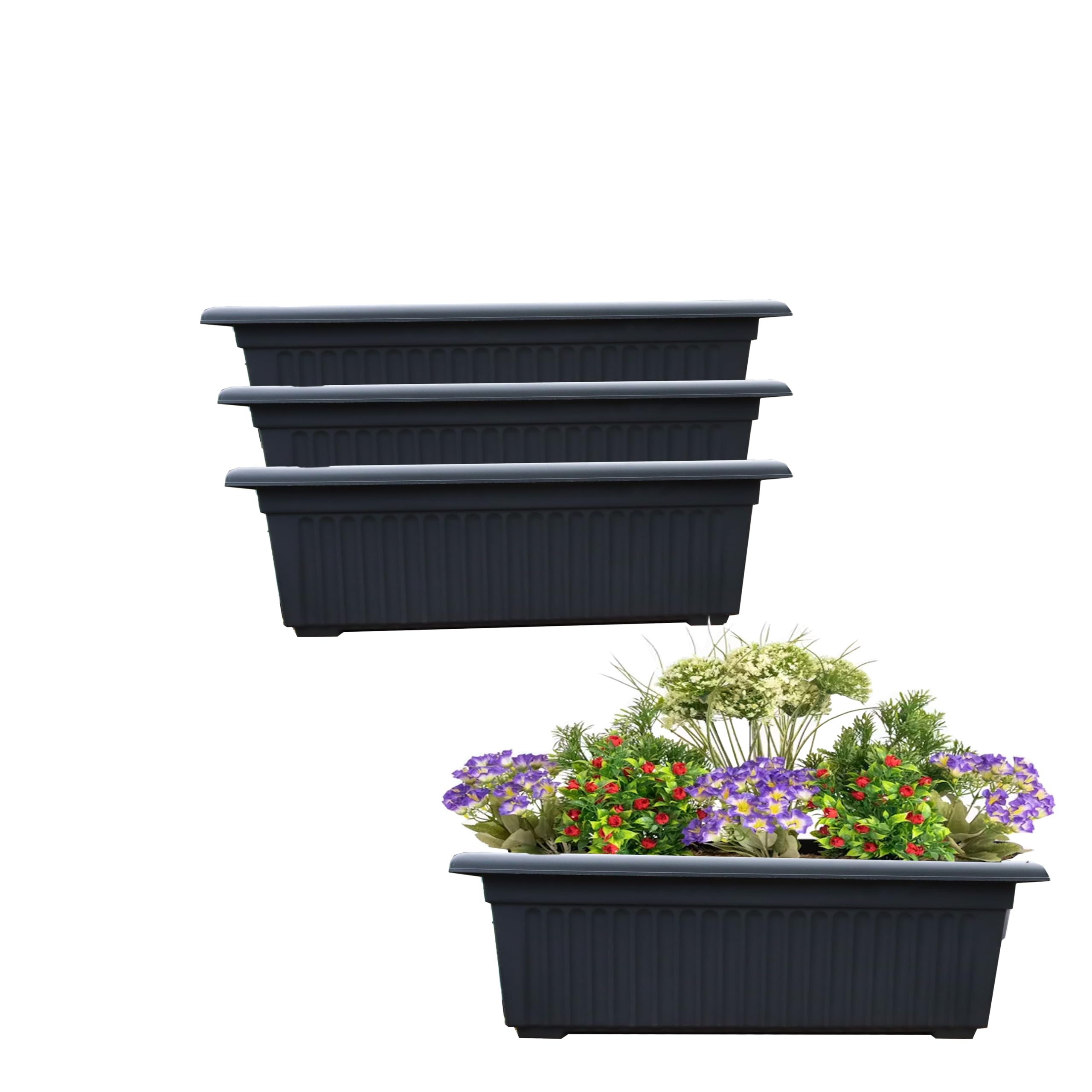 SIDSONS Garden Trough Long Window Planter - Sleek Black Plastic Raised Plant Box for Herbs, Small Bushes, Vegetables - Windowsill Patio Flower Bed 70cm (4)