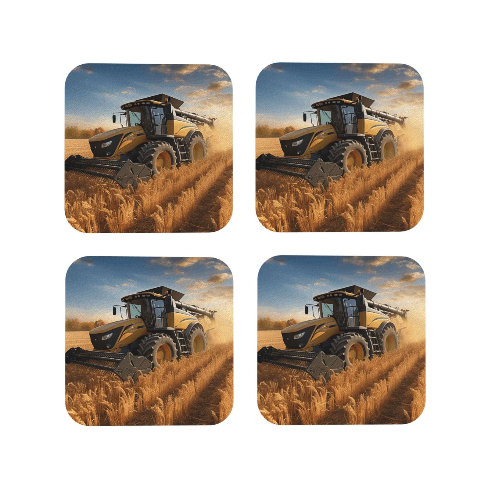 4pcs Drink Coasters for Tabletop Protection, 4" Leather Coasters for Drinks, Farm Tractor Harvester Cup Coasters for Coffee Table Decor, Non-Slip Drinking Cup Mat for Hot Or Cold Drink