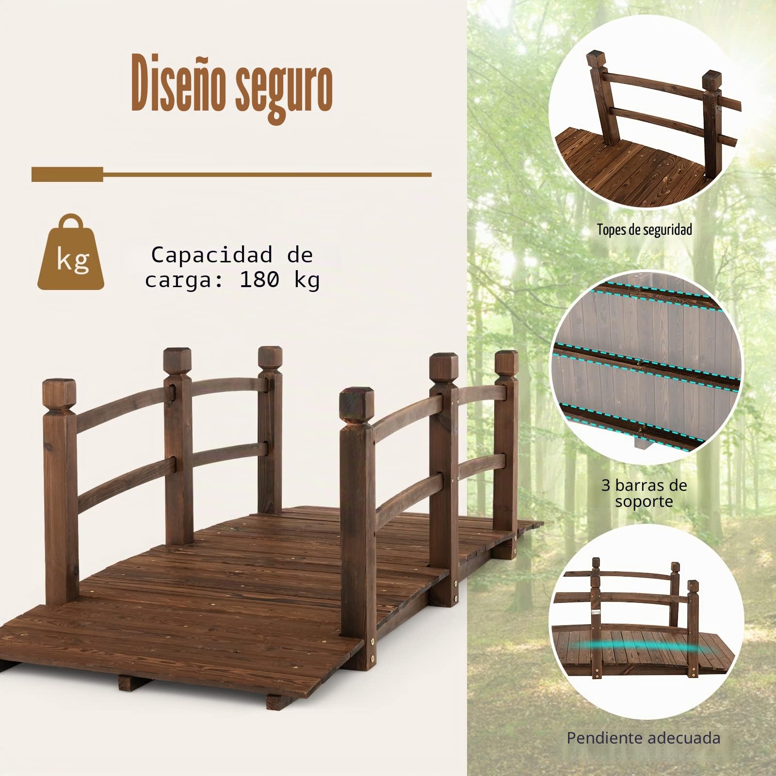 GOPLUS Puente de Madera para Jardín de Abeto con Barandilla, Puente de Estanque Soporta hasta 150 kg, Puente Decorativo Marrón para Estanque, Jardín y Patio, 172 x 75 x 58,5 cm