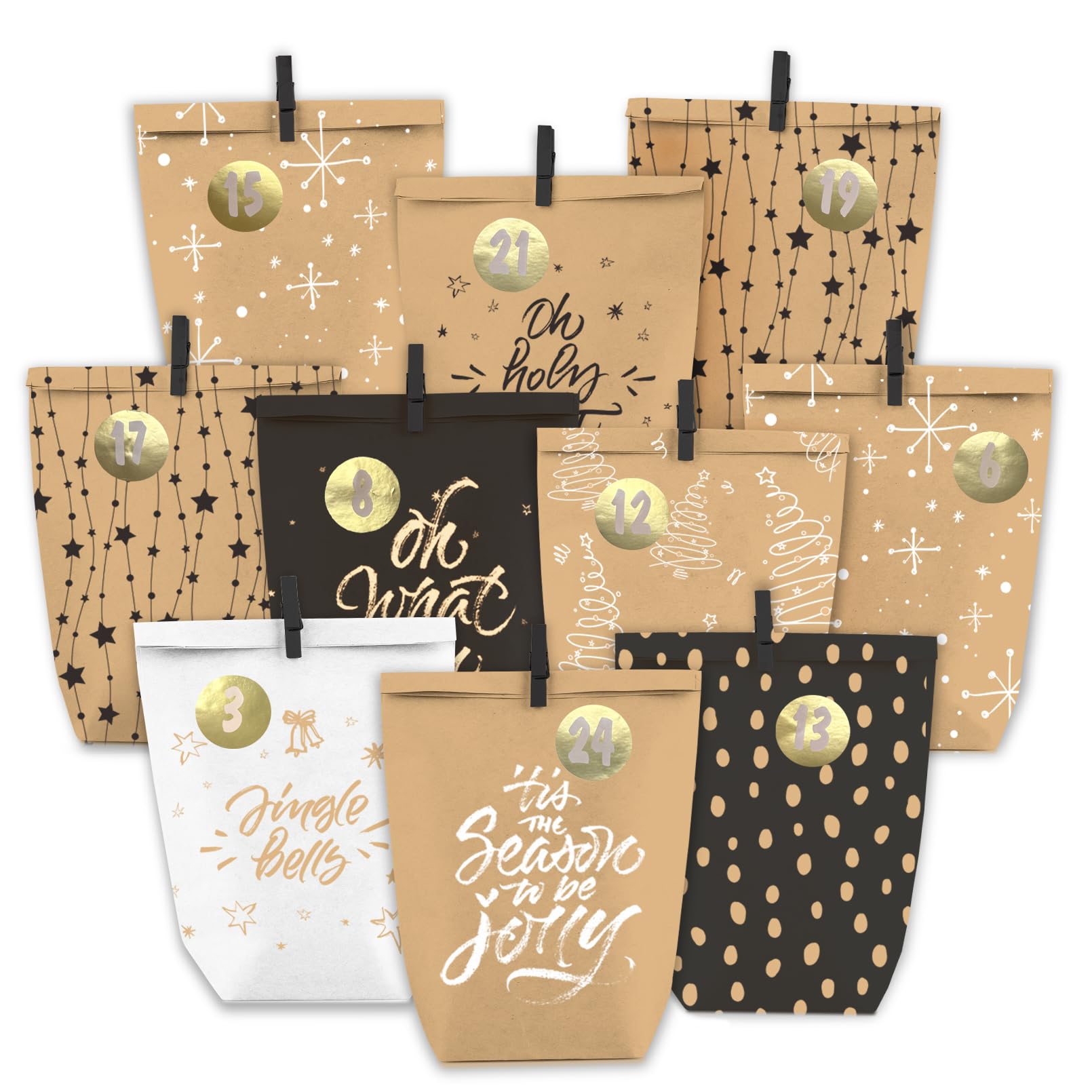 PANSIBY Adventskalender zum Befüllen, 24 Weihnachtskalender Geschenk Papiertüten Groß zum Selber Befüllen, Kraftpapiertüten Advents Tüten Selbstbefüllen mit Aufkleber für Kinder & Erwachsene