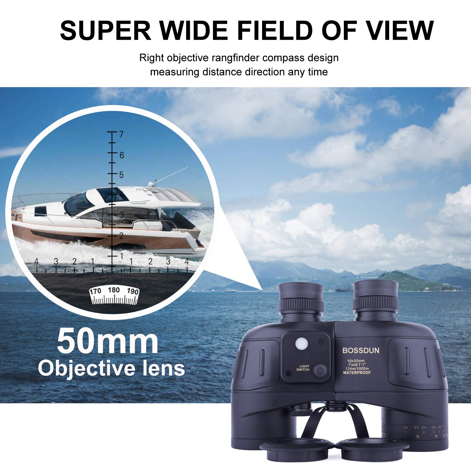 10x50 Binocolo Marino per Adulti, Binocoli Militare Impermeabile con Bussola Telemetro BAK4 Prisma Lente FMC Antiappannamento per la Navigazione Birdwatching Caccia