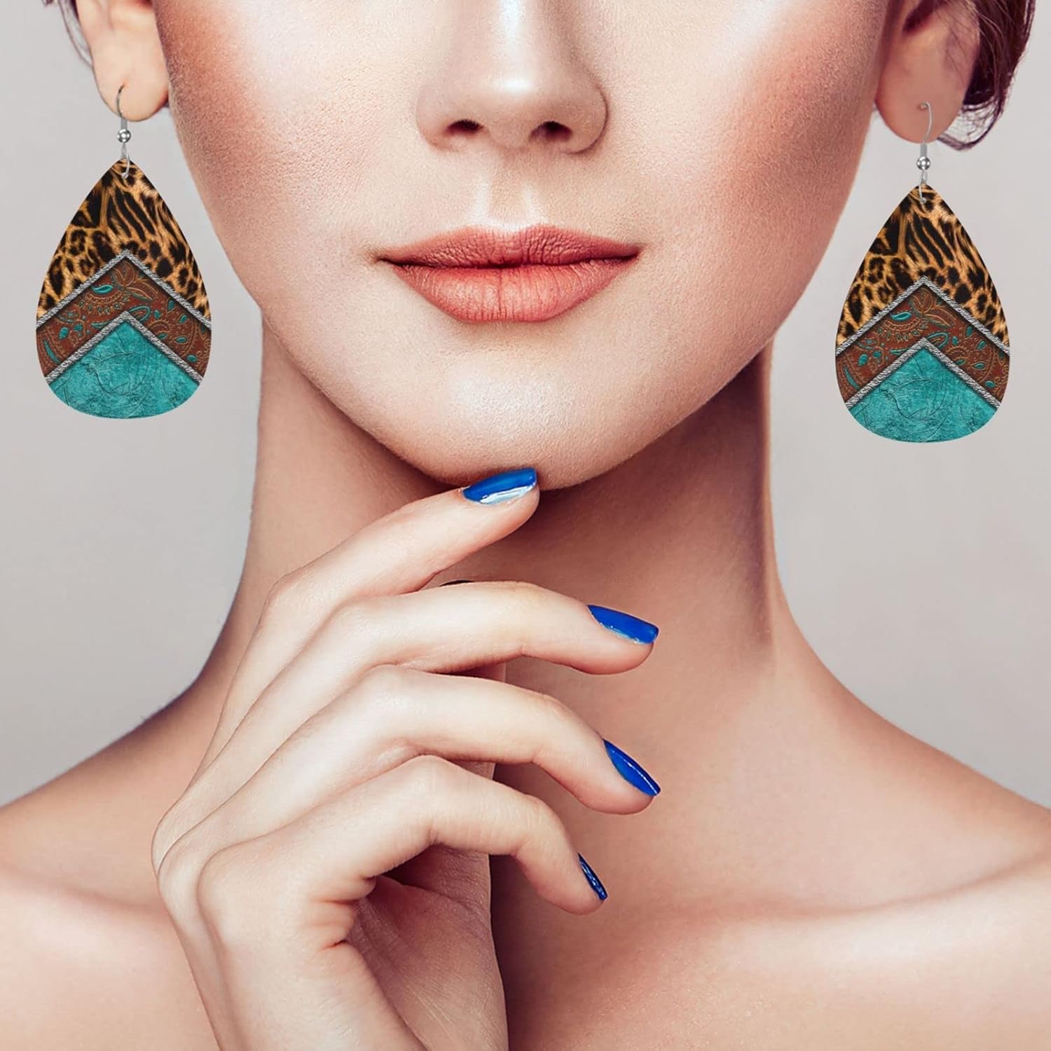 Leopard Print Blue Green Brown Faux Leather Teardrop Earrings for Women Drop Dangle Earrings - Image 9
