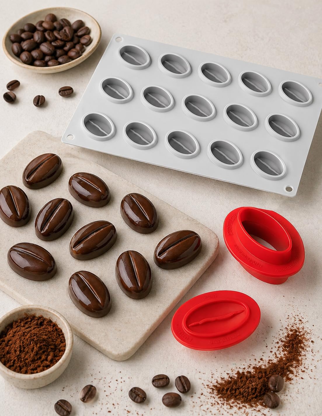Stampi in Silicone Frutta Realistica 3D per Pasticceria – Set con Varianti Chicco Caffè, Limone Lime, Cacao e Pistacchio con Cutter, Stampo Professionale per Mousse, Semifreddi (Chicco Caffè)