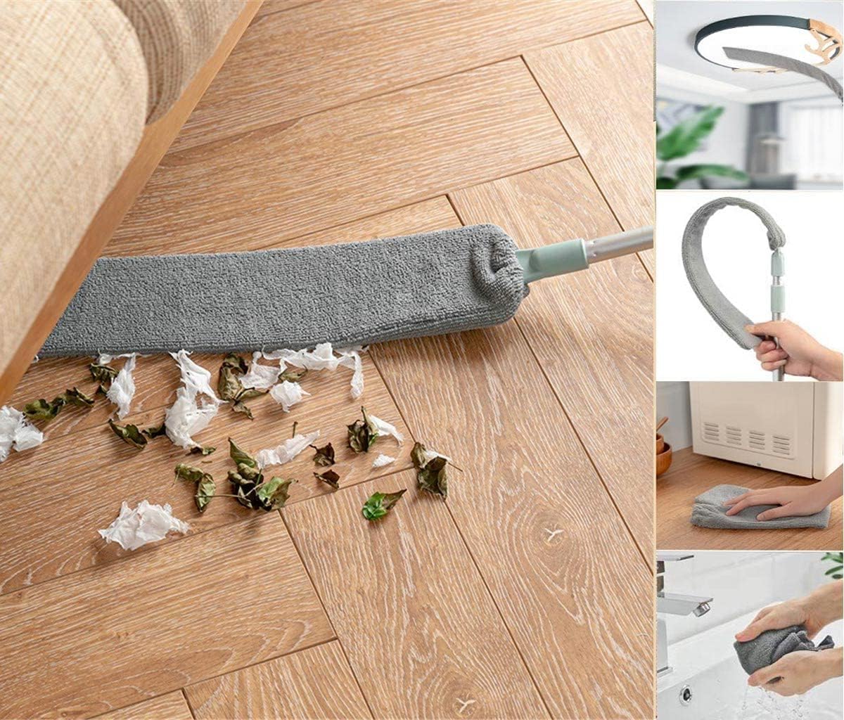 Microfiber Gap Dust Brush Under Appliances Cleaning Tool with Telescoping Long Handle Washable and Retractable Flat Duster Brush Feather Duster for Under Furniture Couch Fridge Washer Cleaning