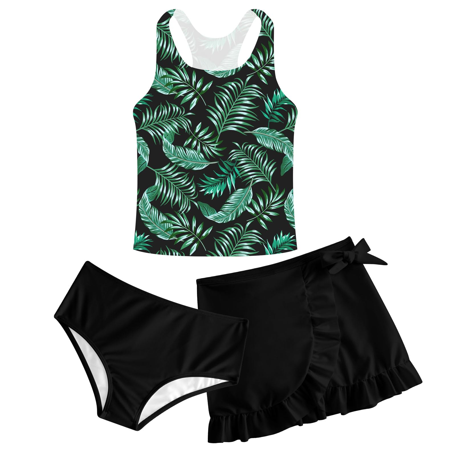 Girl 3 Piece Bathing Suit Size 10 Leaves Swimsuit Mesh Lining Swimwear Set with Black Skirt for Beach Bikini 9-10 Years