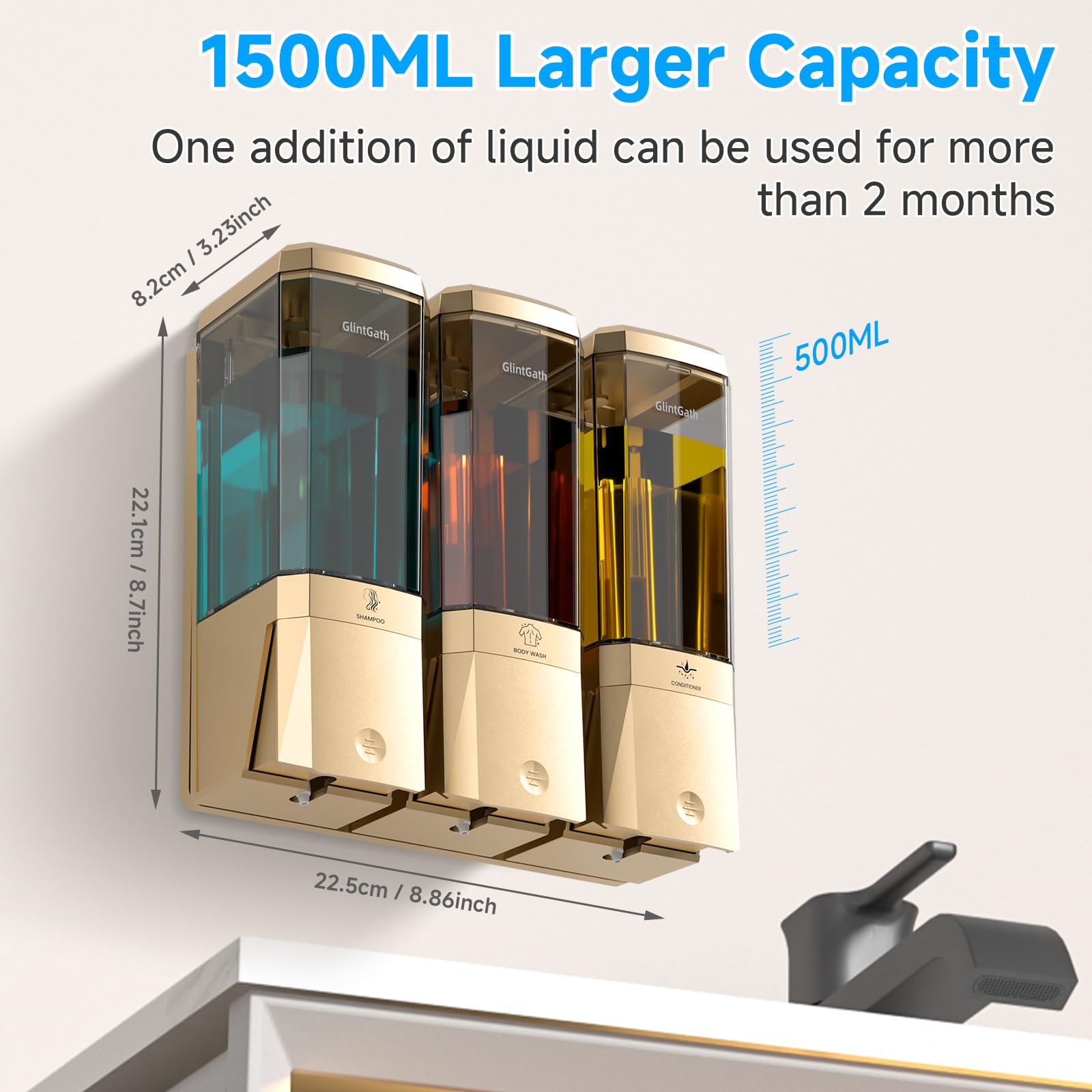 Dispenser per shampoo e balsamo, dispenser per doccia a 3 camere, senza trapano, dispenser per shampoo per doccia a parete per bagno hotel, grande capacità 3 x 500 ml, oro