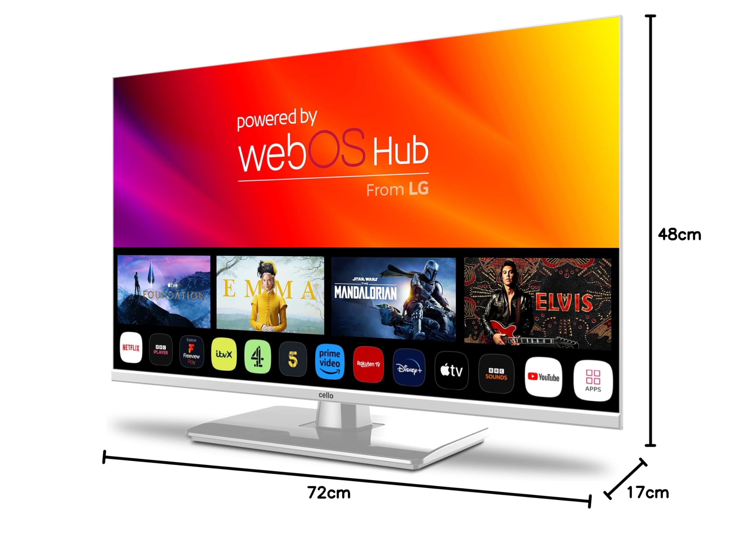Cello White 12 Volt 32 Zoll Traveller Smart TV, ultraschnelles WebOS, Bluetooth, Netflix, Apple TV und DAZN für Wohnmobile, Wohnwagen und LKW