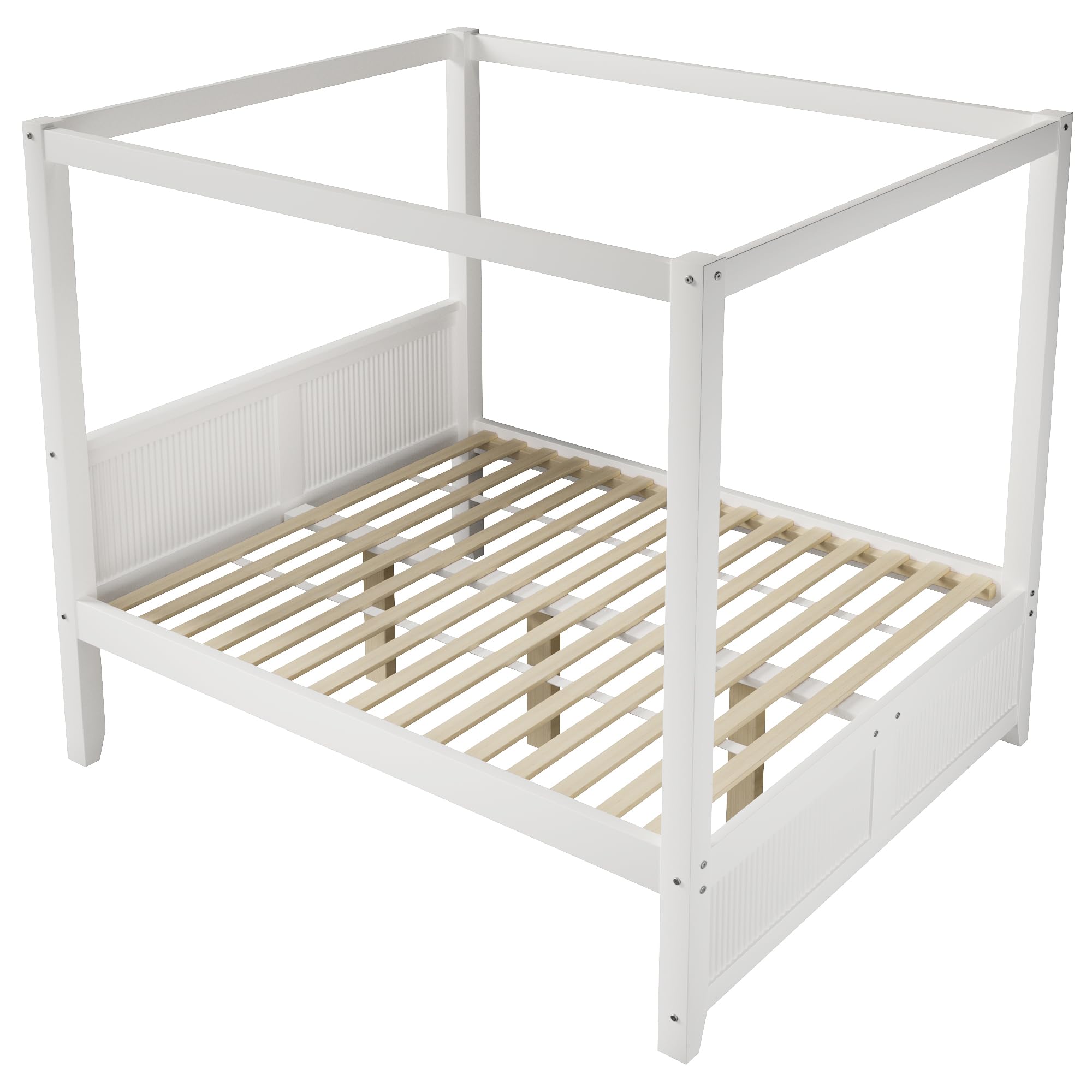 Himmelbett 140x200 cm aus Holz mit dekorativem Dachrahmen und vertikalen Lamellen am Kopf- und Fußteil, Weiß