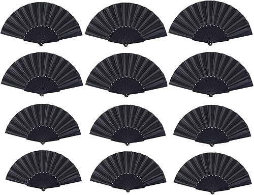 Yolyoo 12 abanicos de mano plegables negros, abanicos de tela, estilo chino, japonés, para verano, para fiestas, bodas, regalos, decoración de