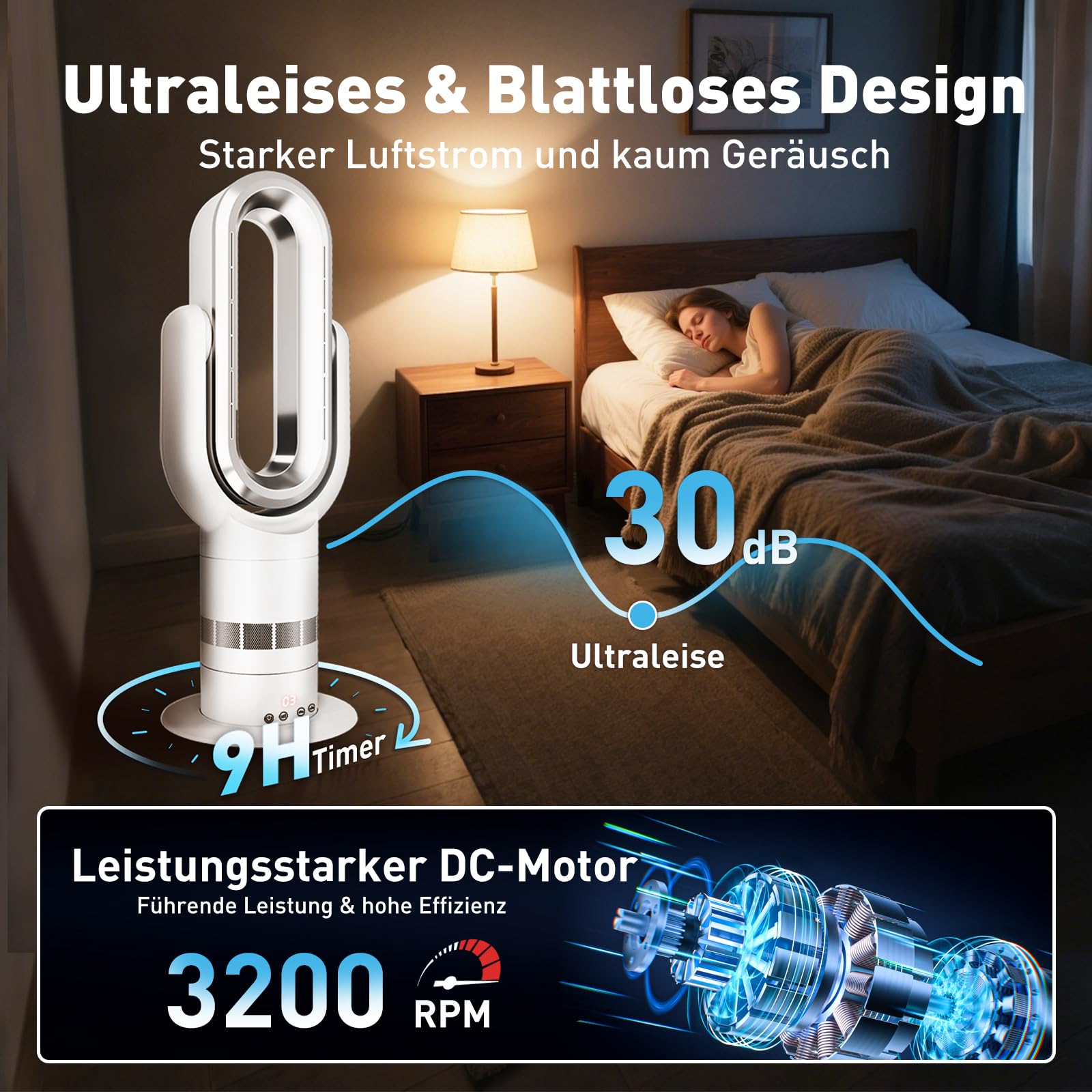 QG660 Bladeless Turmventilator, 2-in-1 Heizgerät & Kühlventilator, 10 Kühl- & 3 Heizstufen, Fernbedienung & Touch-Steuerung, Ultra-Leiser & Energiesparender DC-Motor