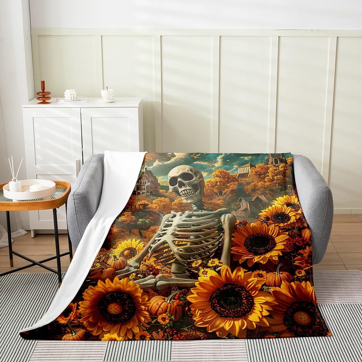 Rustic Farmhouse Style Flannel Blanket Queen 90"x90",Watercolor Yelloween Sunflowers Castle House Flannel Sherpa Blanket for Boys Girls,Boho Skeletal Skull Halloween Fuzzy Blanket Room Decor