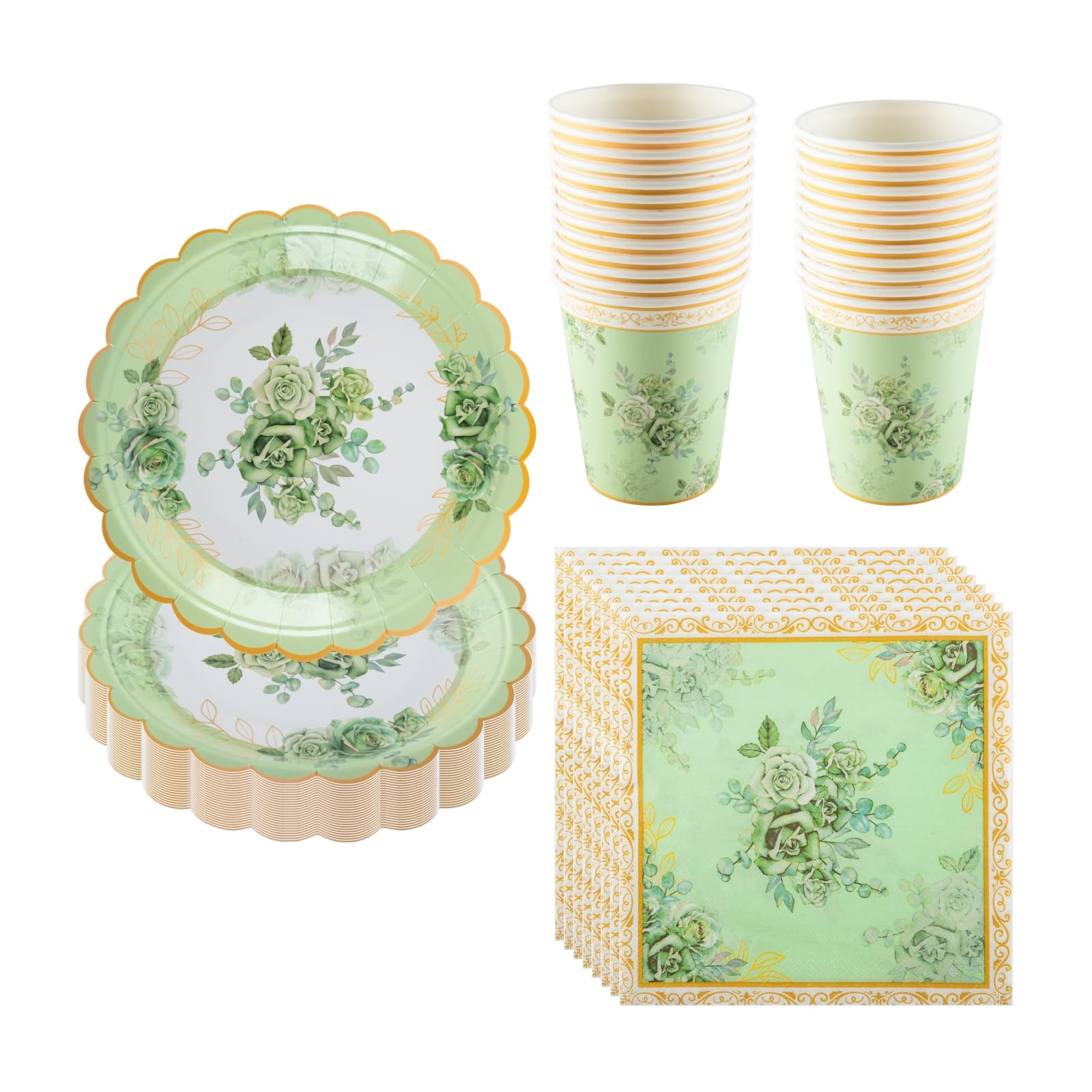 CEILIWEN 100PCS Sage Green Vintage Floral Paper Plates, Cups & Napkins Set