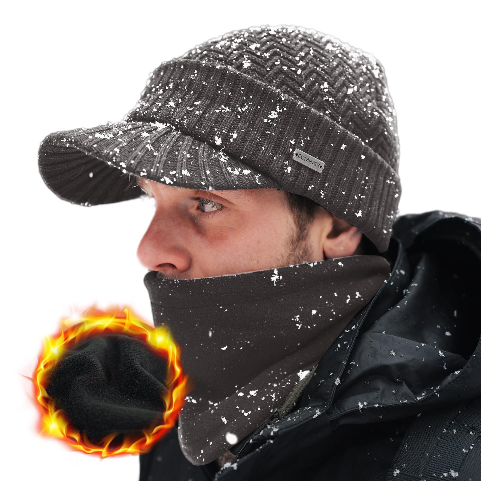 ComhatsPolarWool™ Winter Peaked Beanie Hat Men Wool Knitted Wooly Hats with  Peak Visor Warm Golf Hats Thermal Snood Fleece Neck Warmer