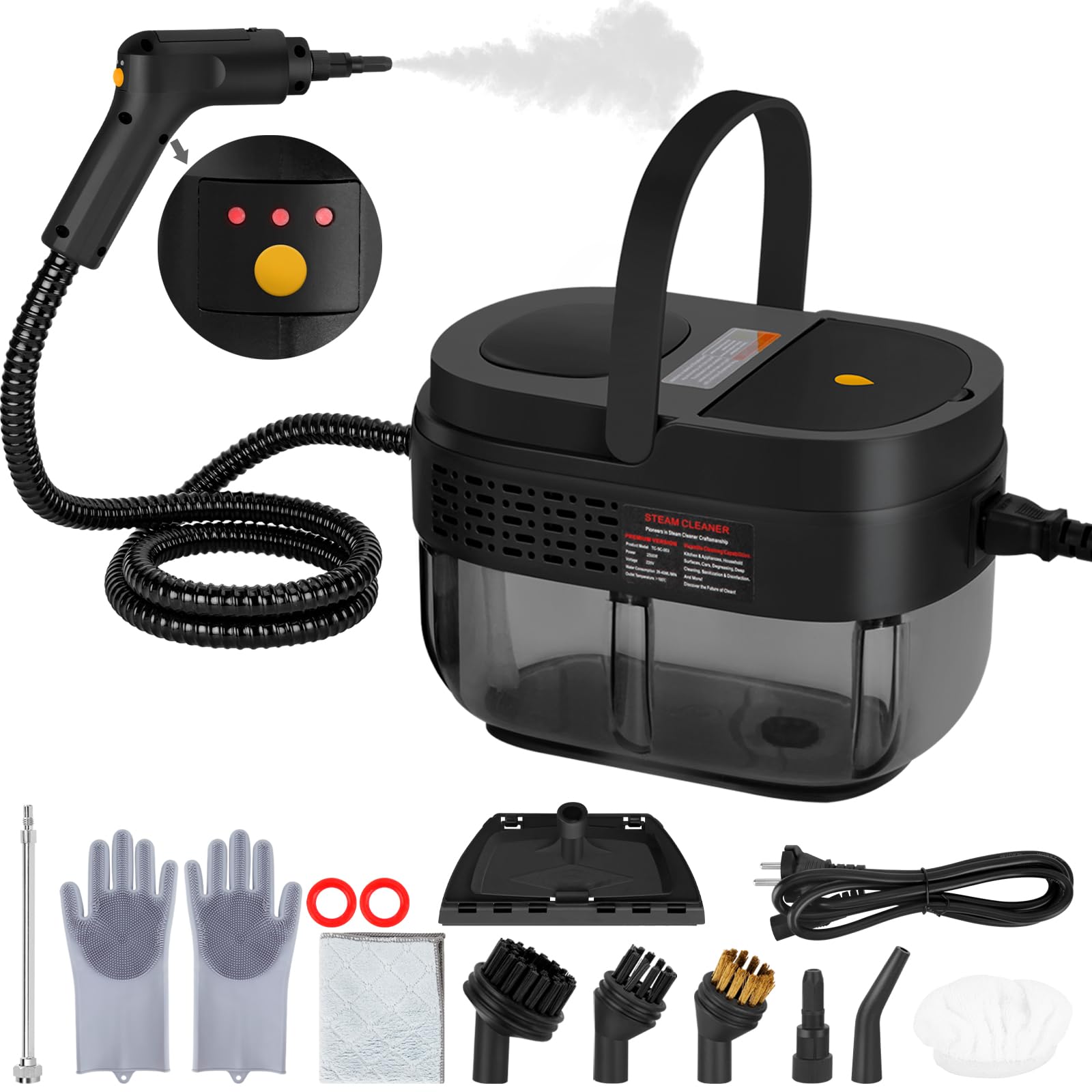 Steam Cleaner, 3-Level Adjustable Handle, 15s Heat-Up,1.6L Portable Car Steam Cleaner,for Cleaning Car, Bathroom, Shower, Upholstery, Grout, Window, Grime, Grease