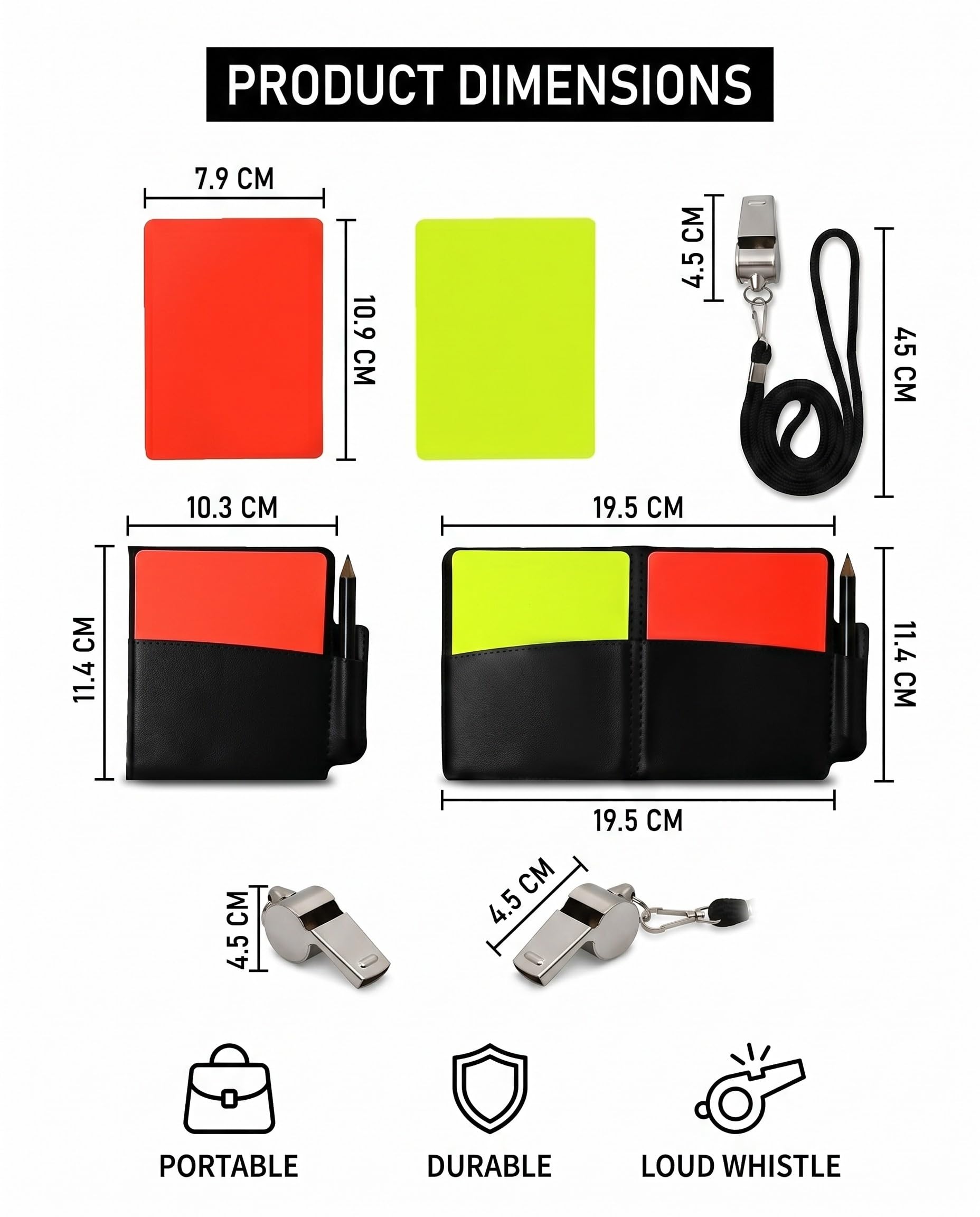 Kit d'Arbitre de Football, Ensemble Complet avec Cartons Jaune et Rouge, 1 Sifflet, Porte-Clés, Sac à Cartes, Crayon et Livres de Rapport, Accessoires de Référence pour Football, Sport, Compétitions
