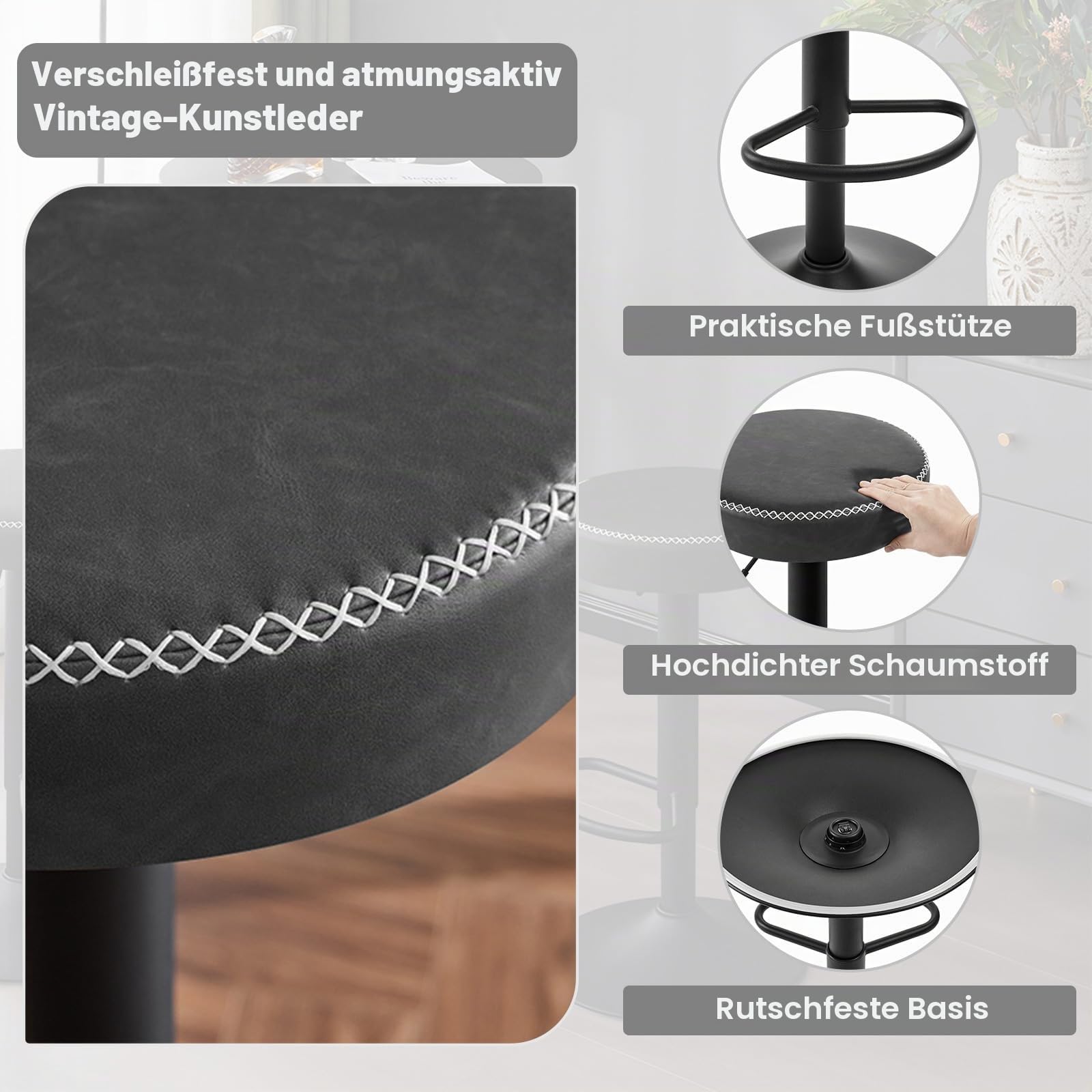 EUGAD Barhocker drehbar, runder Hocker höhenverstellbar, Küchenhocker mit Fußstütze, Tresenhocker Vintage-Kunstleder, für Bar Kücheninsel Bistro, Anthrazit, 1086BY-1