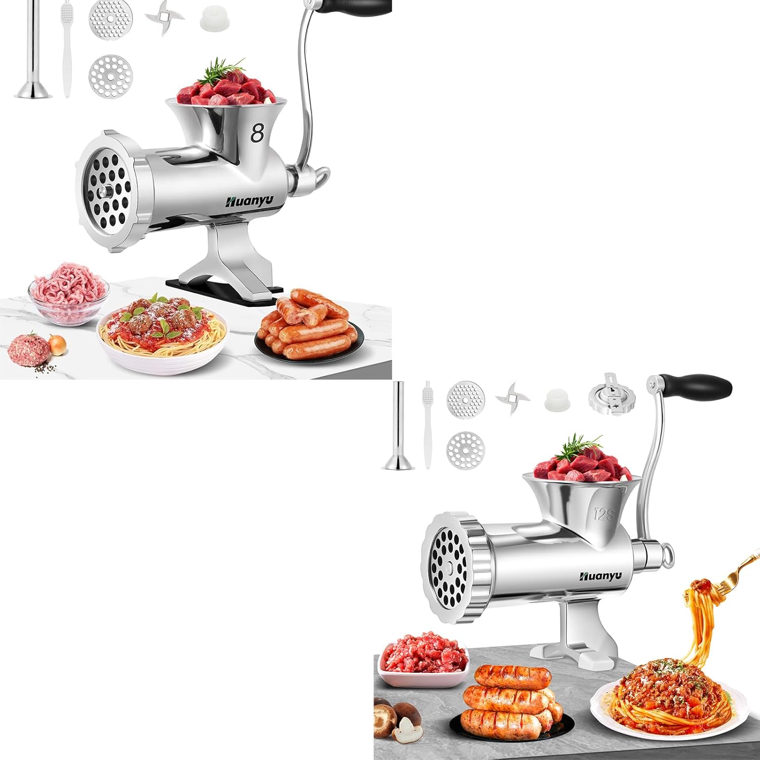 Huanyu Meat Grinder Manual Stainless Steel Sausage Stuffer Meat Mincer NO.8 and Huanyu Manual Meat Grinder with Biscuit Making Accessories (NO.12s) Bundle