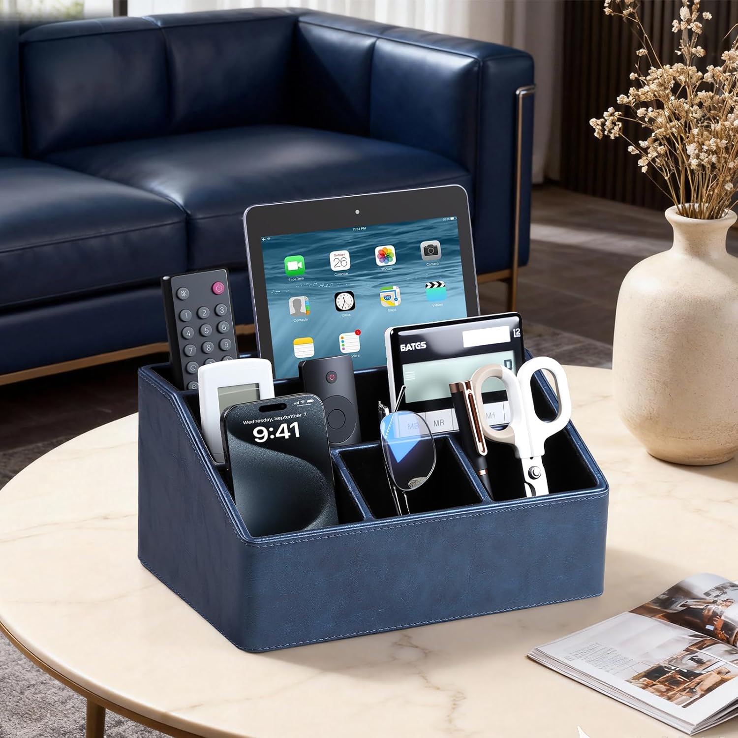 PU Leather Desk Organizer, Luxury Remote Control Holder for Home, Office Desk Accessories Table Caddy Bedside Nightstand Organizer (Dark Blue)