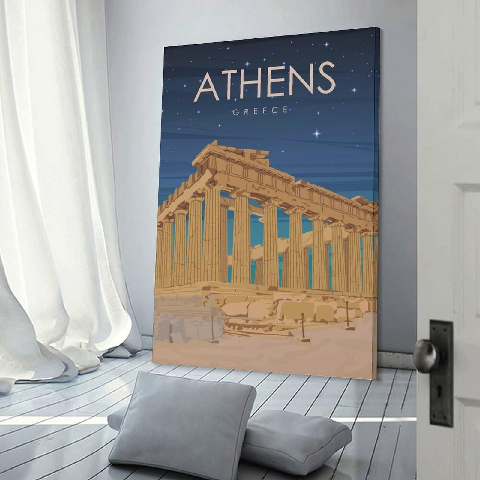 Junmoney Room Decor Wall Art Athens Greece at Night, 24x36inch(60x90cm), for Flats, Guest Rooms Or Compact Rooms, Wall Decor with Flexible Room Appeal