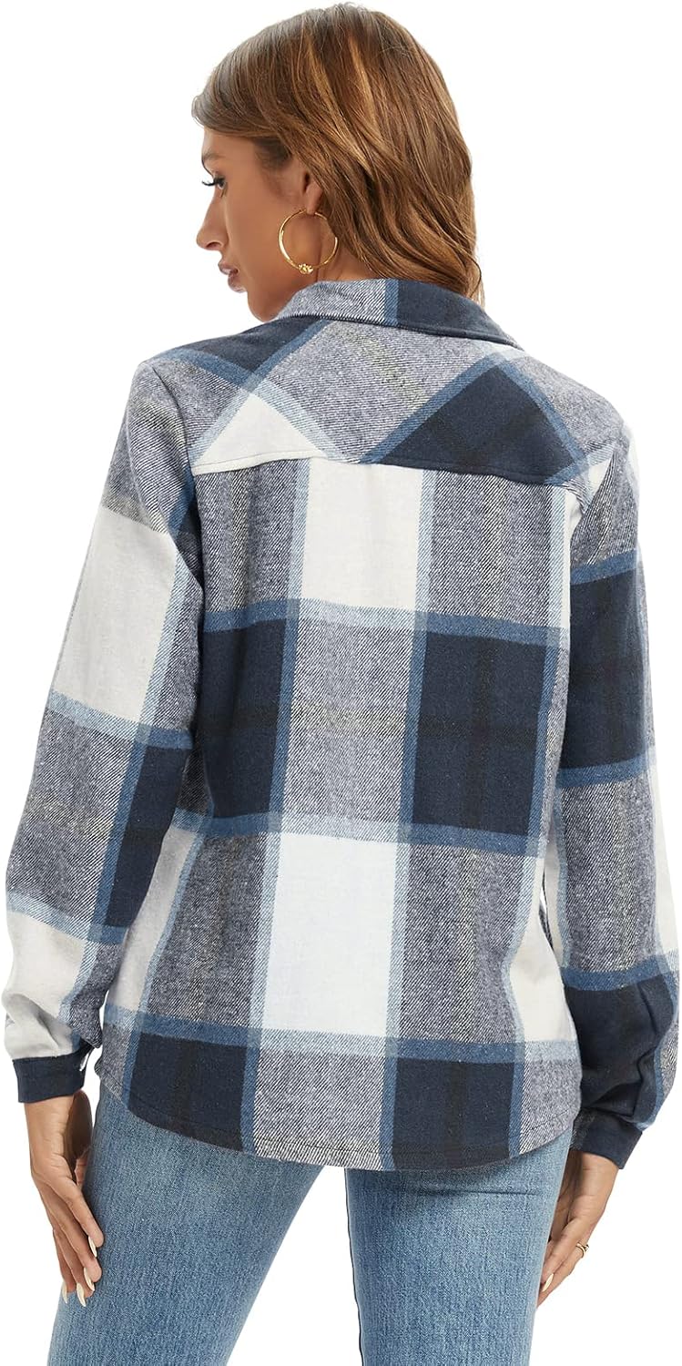 Women's Flannel Plaid Shacket Jacket Fashion Button Down Long Sleeve Casual Shirt Shackets Fall Clothes for Women - Image 2