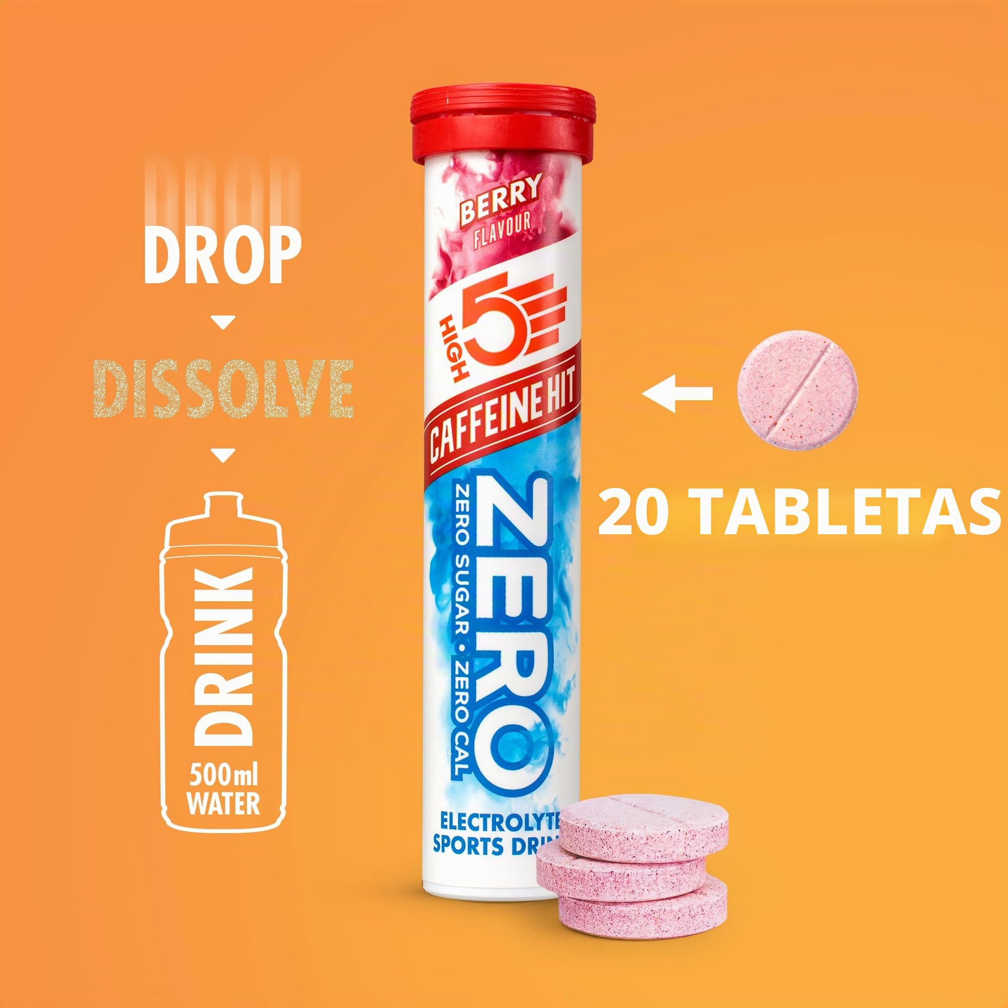 High5 High5 Zero Bebida Isotónica De Hidratación Electrolítica Con Alto Contenido En Cafeína Y Con Vitamina C - Arándanos - Paquete De 8 Tubos De 20 Tabletas Efervescentes 830 g