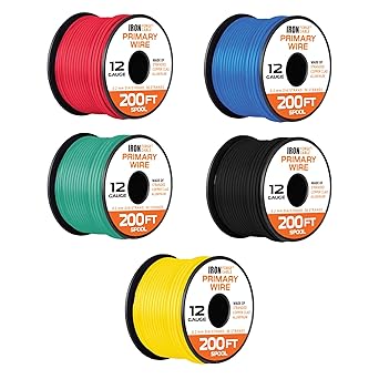 Iron Forge Cable 12 Gauge Automotive Wire - 5 Roll Assortment Pack - 200 Ft of Copper Clad Primary Wire per Roll, 12 Gauge Wire 200 Ft Stranded Copper Clad Aluminium Auto Wire
