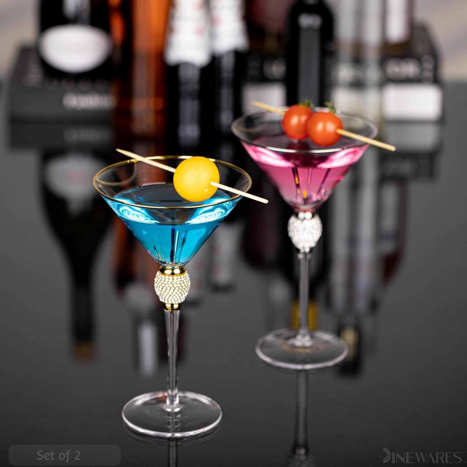 2 Piece Premium Clear Stem Crystal Martini Glasses with Gold Rim and Diamond-like Rhinestones, Elegant 10oz Glassware Set for Cosmopolitan, Vodka, Gin and Other Cocktails, Fancy Manhattan Drinkware