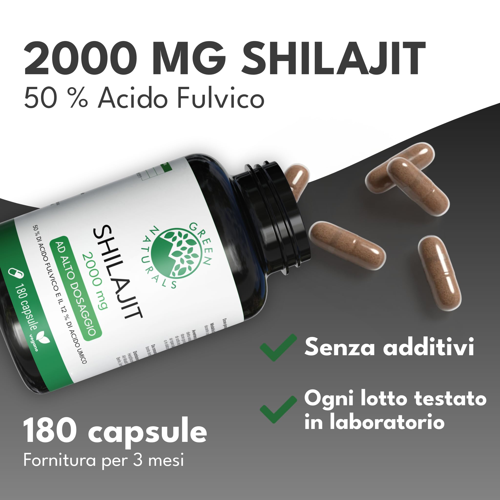 Green Naturals® Shilajit 40.000 mg per dose giornaliera (estratto 20:1) - Capsule originali dell'Himalaya con il 50% di acido fulvico e il 12% di acido umico – 180 capsule (3 mesi)