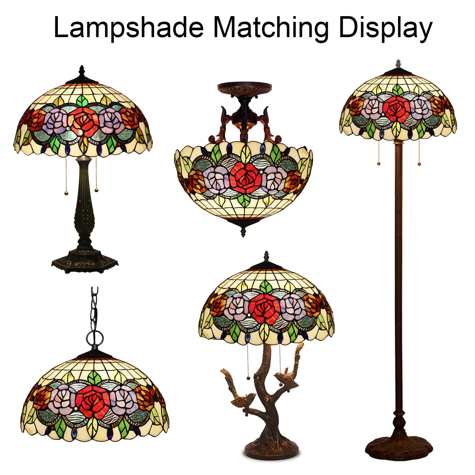 Klosz do lampy Tiffany 16" tylko do wymiany, czerwono-niebieskie klosze z witrażu, różany motyw kwiatowy, zielony liść, vintage, osłona na lampę, pasuje do lamp stołowych, wis，