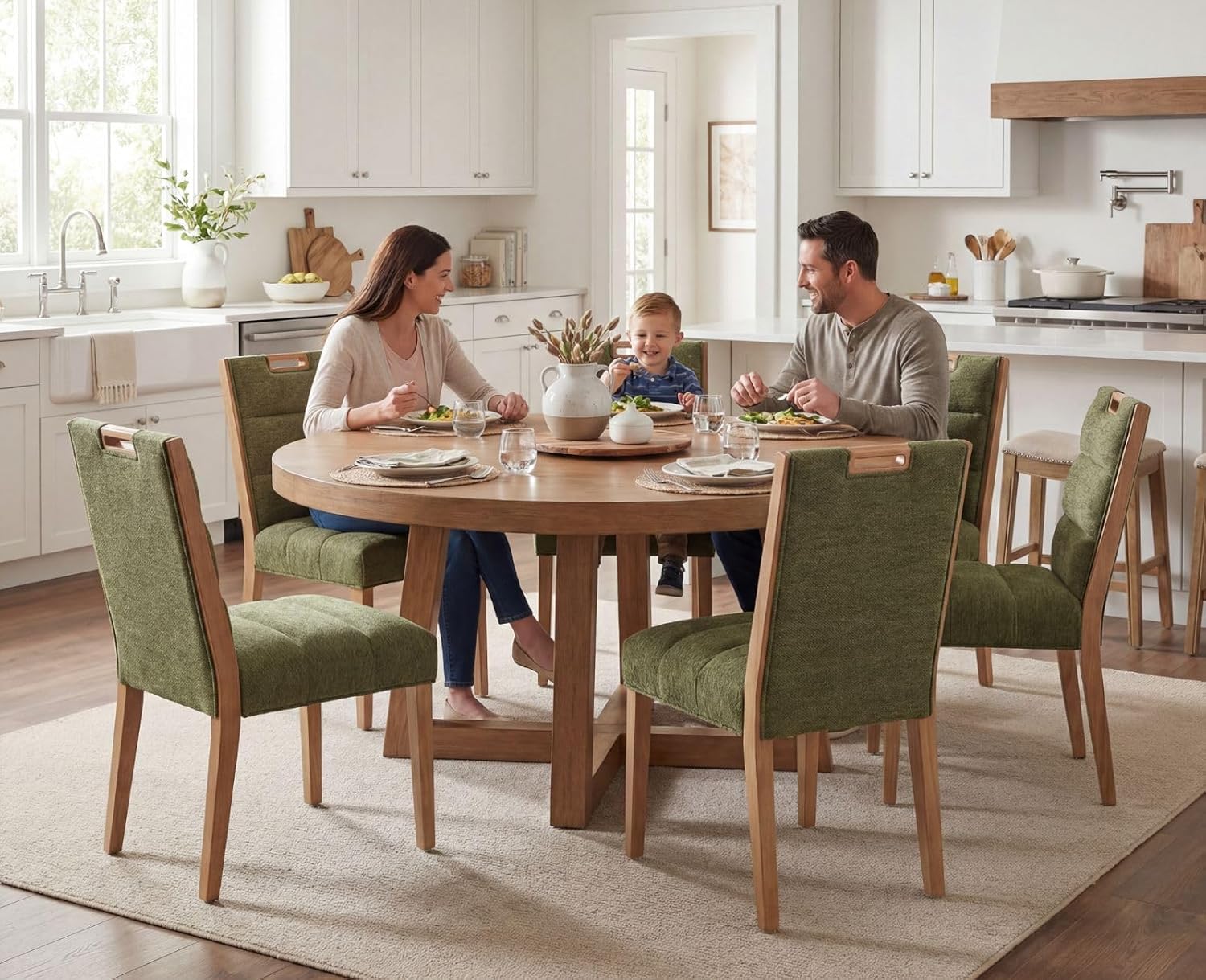 HNY Upholstered Modern Dining Chairs Set of 4, Wooden Kitchen Chairs with 5" Thick Padded Seat & 18" High Back, Armless Chenille Fabric Kitchen & Dining Room Chairs for Dining Living Room, Green