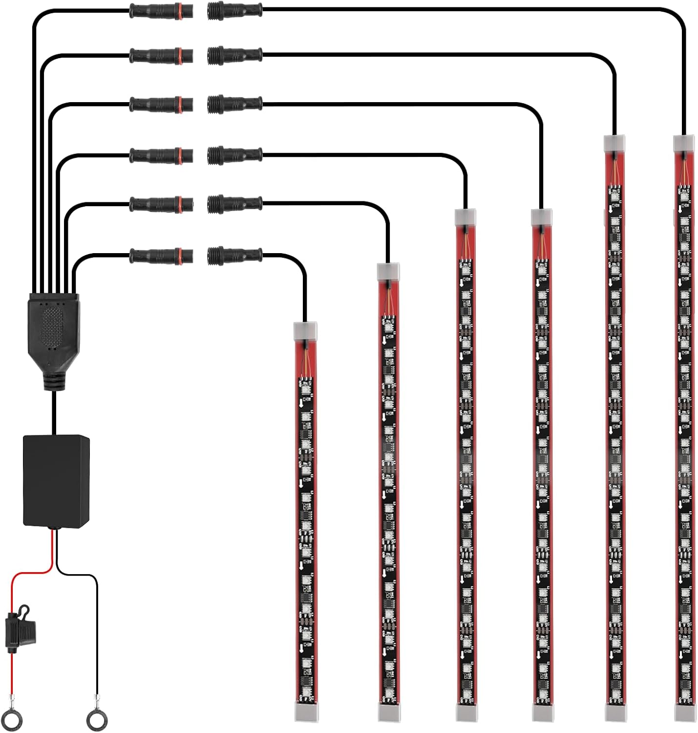 Components of the LED light kit including light strips, control box, and wiring.