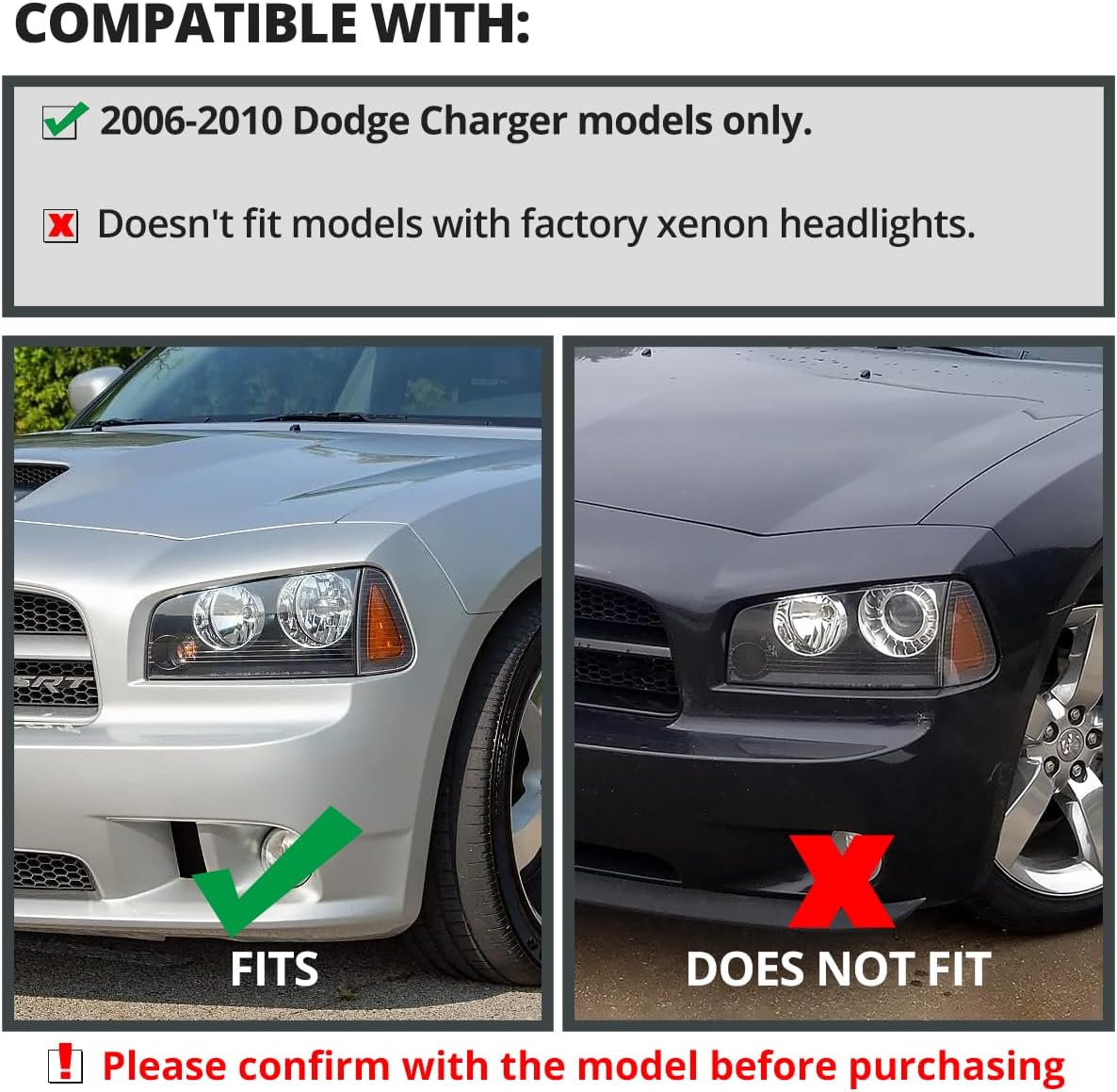 SPEC-D TUNING Black LED Headlights Compatible with 2006-2010 Dodge Charger L+R Pair Head Light Lamp Assembly